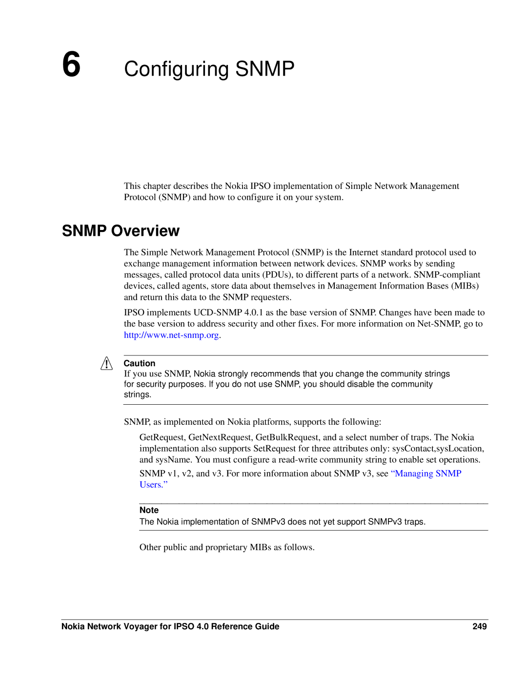 Nokia IPSO 4.0 manual Snmp Overview, Nokia Network Voyager for Ipso 4.0 Reference Guide 249 