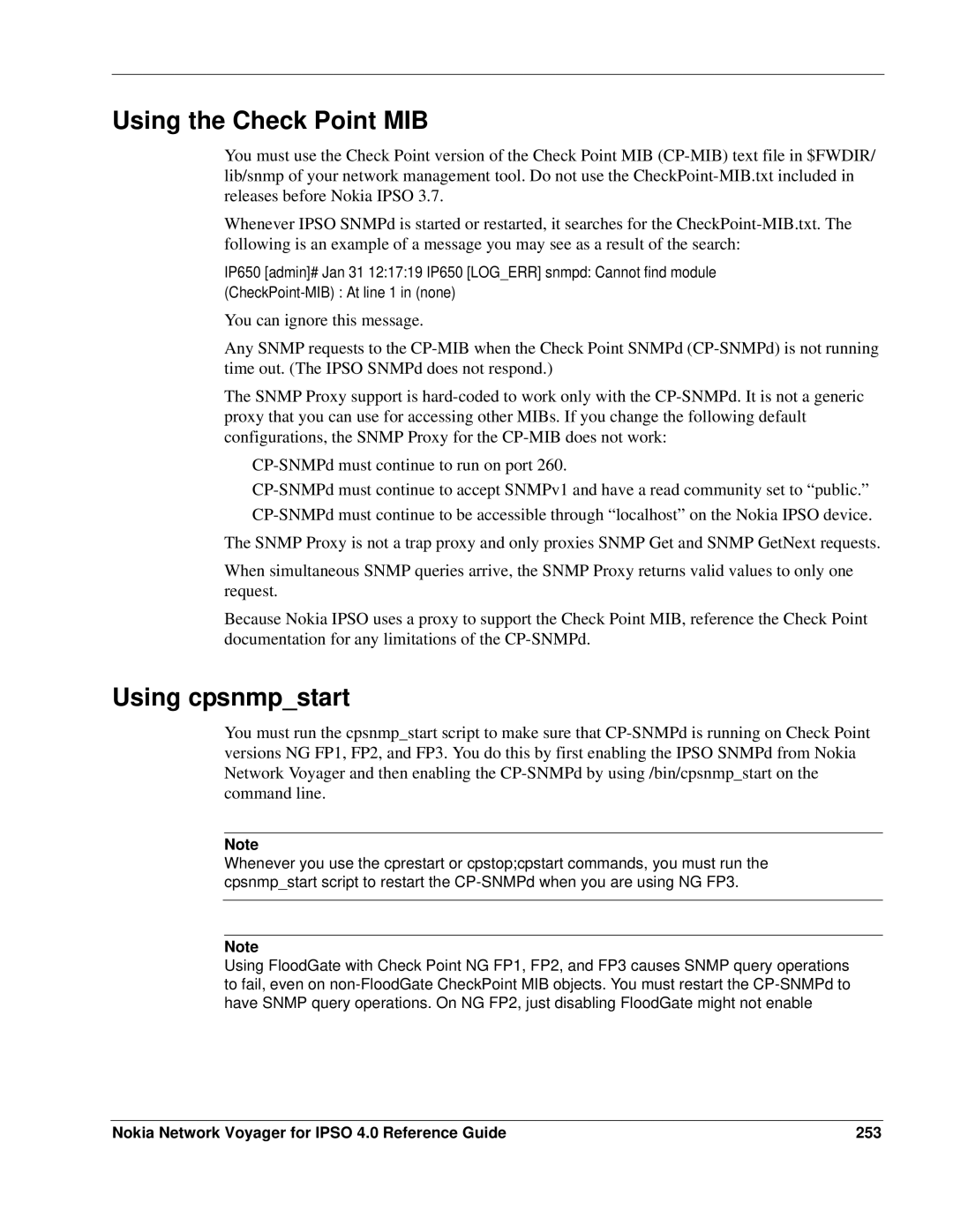 Nokia IPSO 4.0 manual Using the Check Point MIB, Using cpsnmpstart, Nokia Network Voyager for Ipso 4.0 Reference Guide 253 