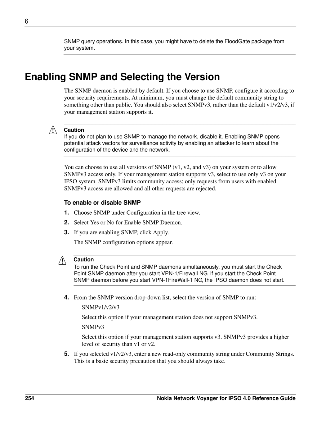 Nokia IPSO 4.0 manual Enabling Snmp and Selecting the Version, To enable or disable Snmp, 254 