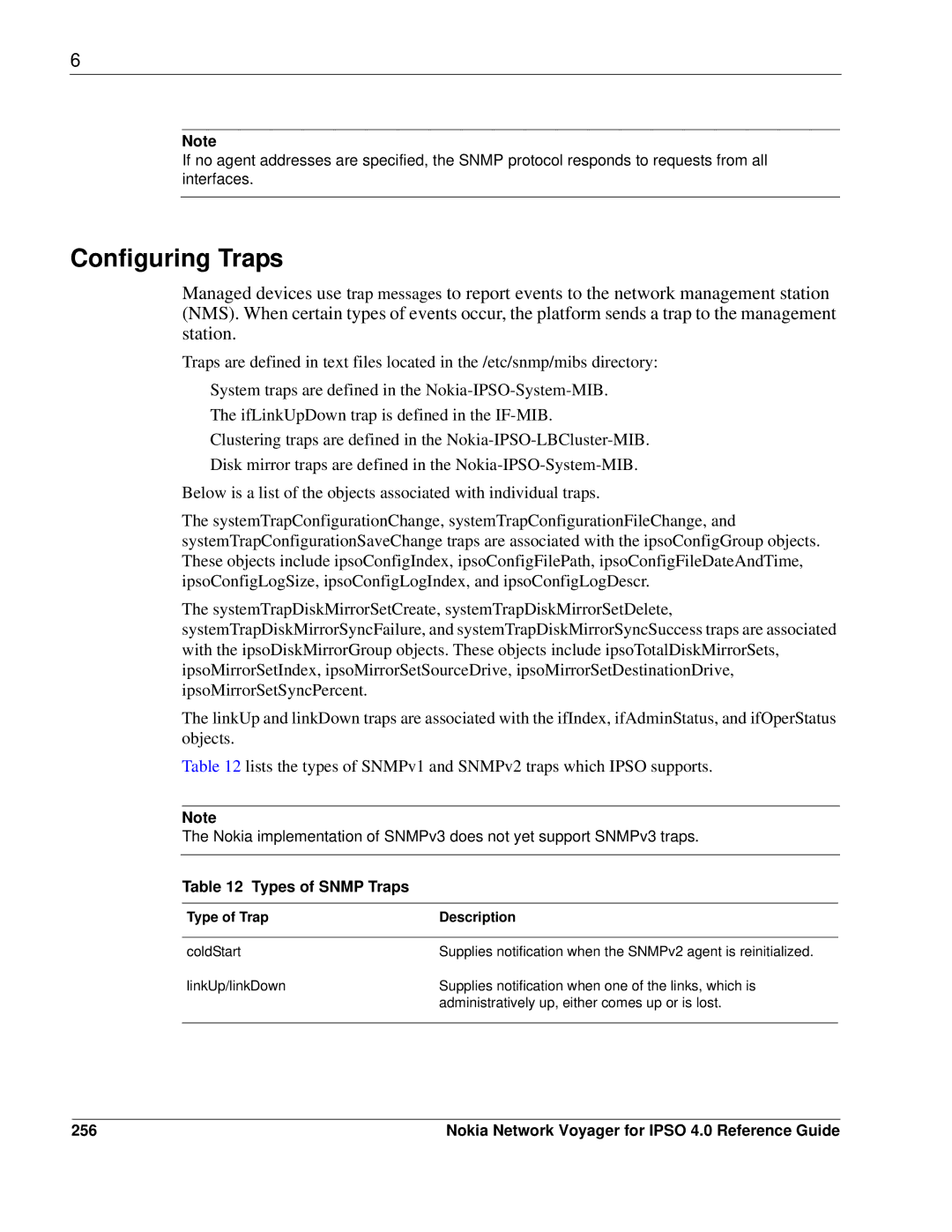 Nokia IPSO 4.0 manual Configuring Traps, Types of Snmp Traps, 256, Type of Trap Description 