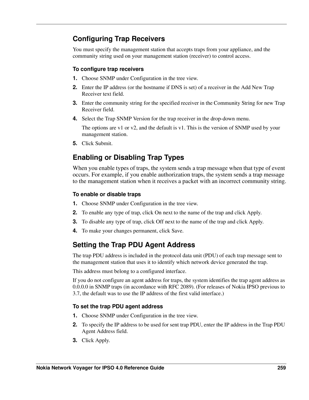 Nokia IPSO 4.0 manual Configuring Trap Receivers, Enabling or Disabling Trap Types, Setting the Trap PDU Agent Address 