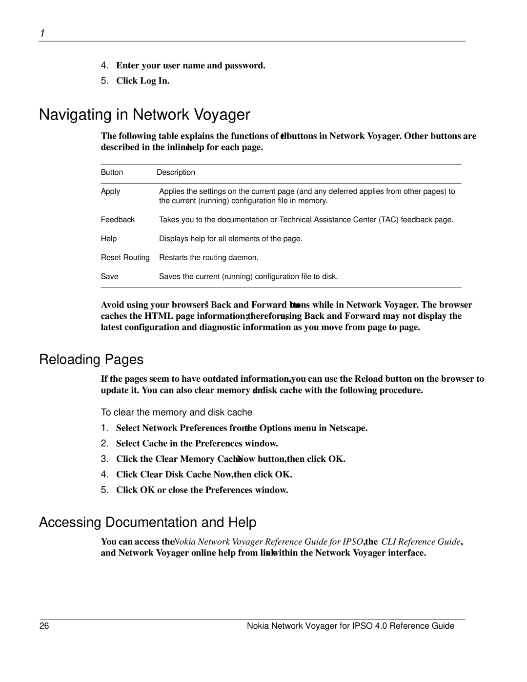 Nokia IPSO 4.0 manual Navigating in Network Voyager, Reloading Pages, Accessing Documentation and Help, Button Description 