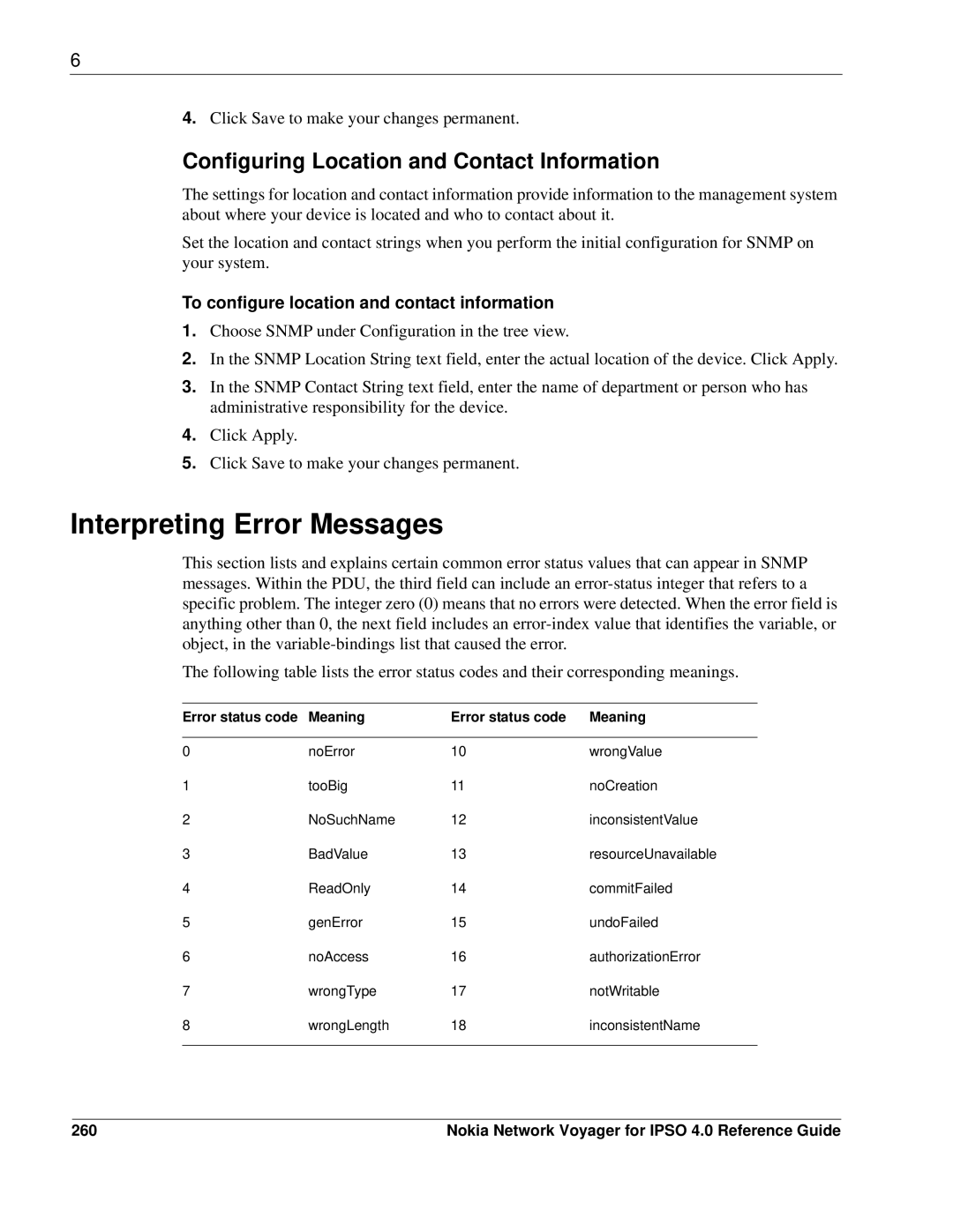 Nokia IPSO 4.0 Interpreting Error Messages, Configuring Location and Contact Information, 260, Error status code Meaning 