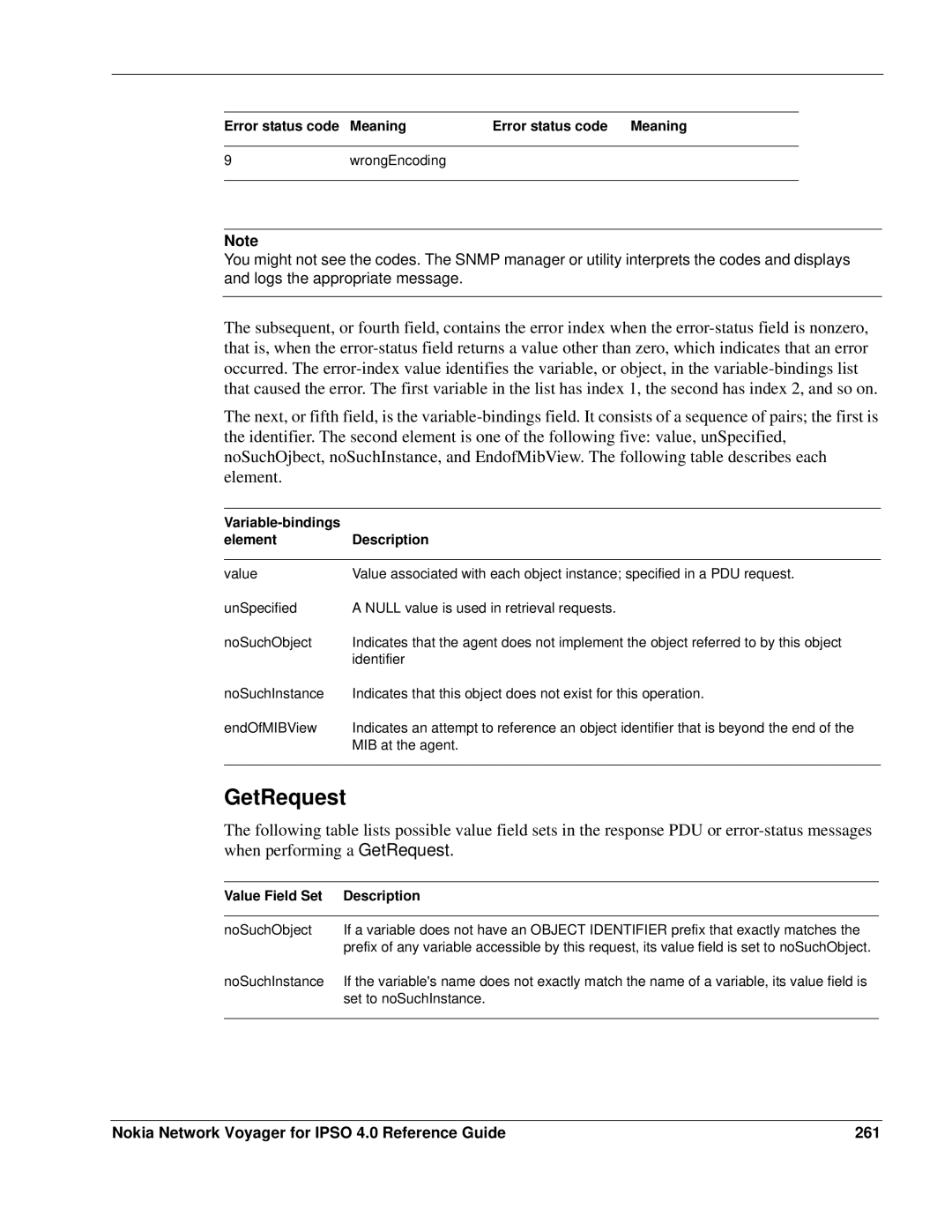 Nokia IPSO 4.0 GetRequest, Nokia Network Voyager for Ipso 4.0 Reference Guide 261, Variable-bindings Element Description 