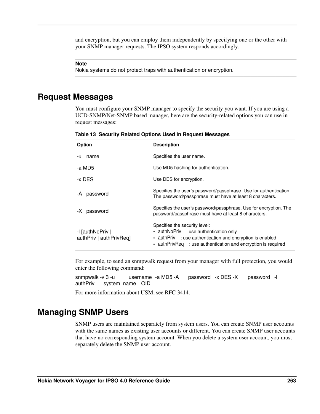 Nokia IPSO 4.0 manual Managing Snmp Users, Security Related Options Used in Request Messages, Option Description 