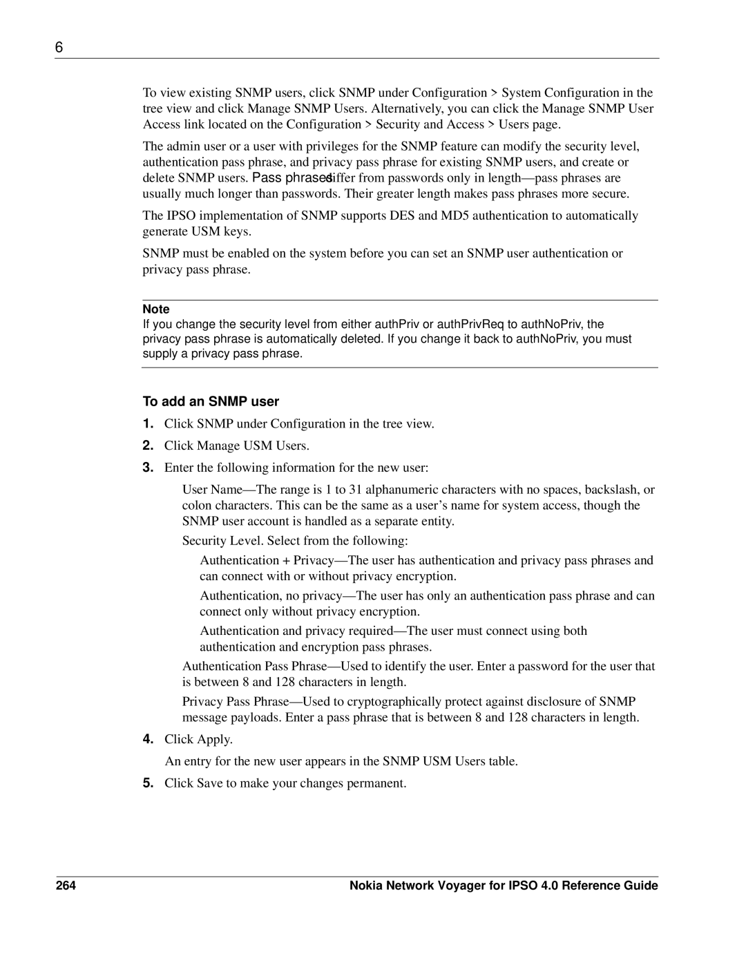 Nokia IPSO 4.0 manual To add an Snmp user, 264 