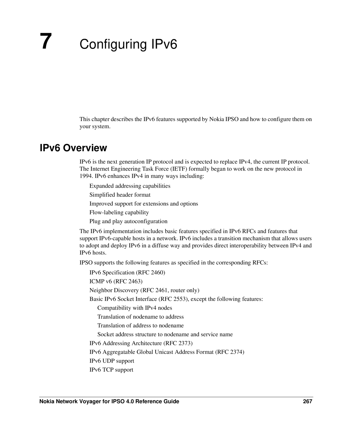 Nokia IPSO 4.0 manual IPv6 Overview, Nokia Network Voyager for Ipso 4.0 Reference Guide 267 