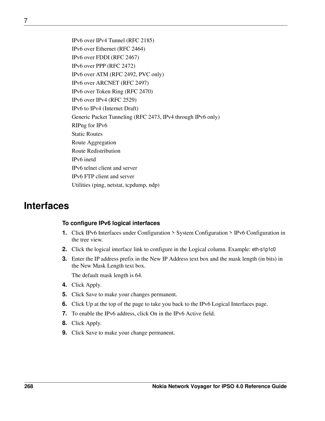 Nokia IPSO 4.0 manual Interfaces, To configure IPv6 logical interfaces, 268 