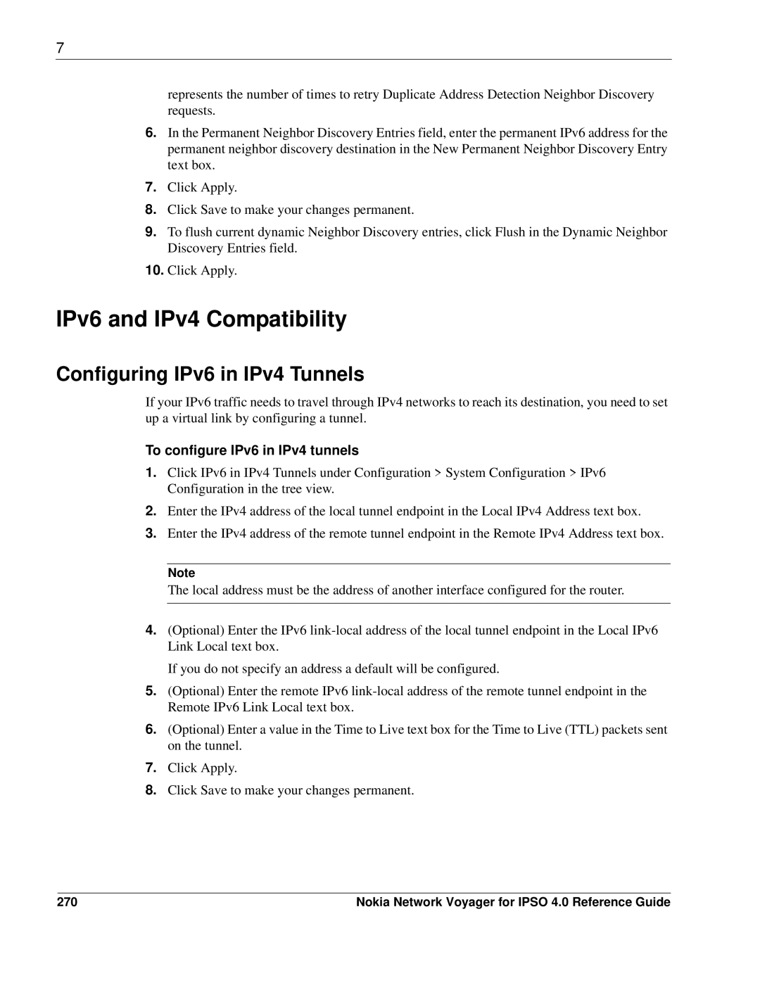 Nokia IPSO 4.0 manual IPv6 and IPv4 Compatibility, Configuring IPv6 in IPv4 Tunnels, To configure IPv6 in IPv4 tunnels, 270 