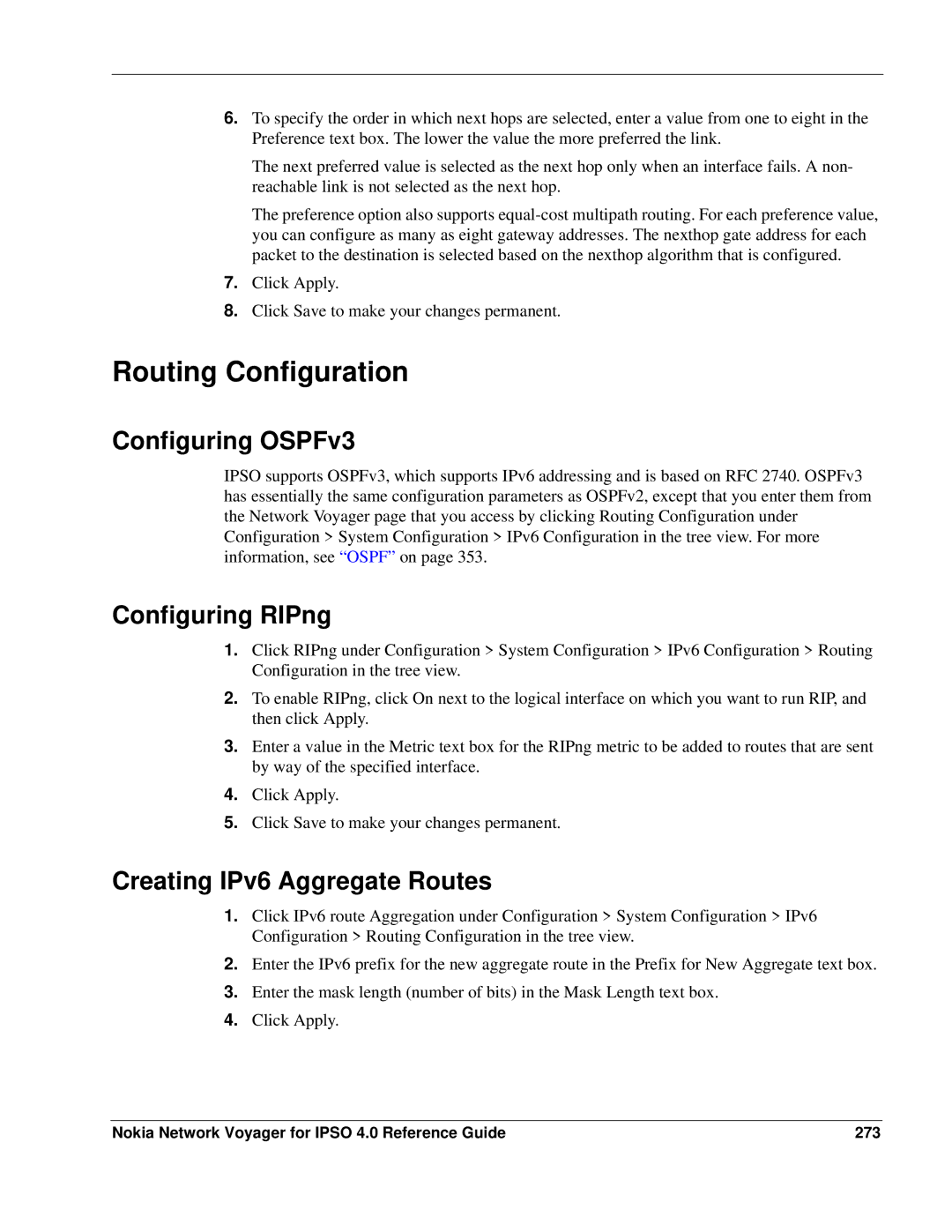 Nokia IPSO 4.0 manual Routing Configuration, Configuring OSPFv3, Configuring RIPng, Creating IPv6 Aggregate Routes 