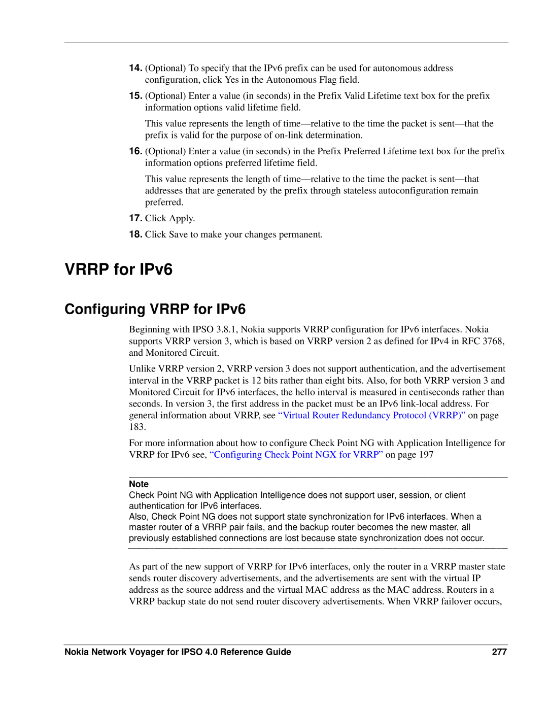 Nokia IPSO 4.0 manual Configuring Vrrp for IPv6, Nokia Network Voyager for Ipso 4.0 Reference Guide 277 