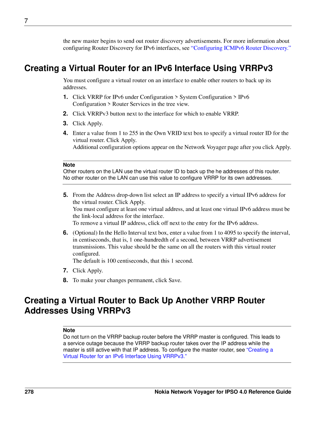 Nokia IPSO 4.0 manual Creating a Virtual Router for an IPv6 Interface Using VRRPv3, 278 