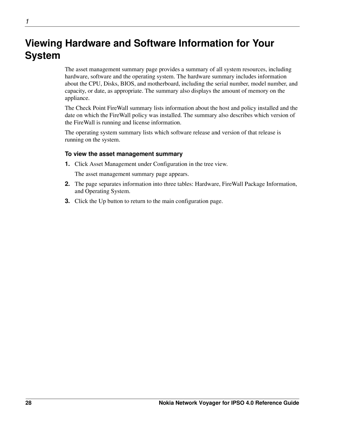 Nokia IPSO 4.0 manual Viewing Hardware and Software Information for Your System, To view the asset management summary 