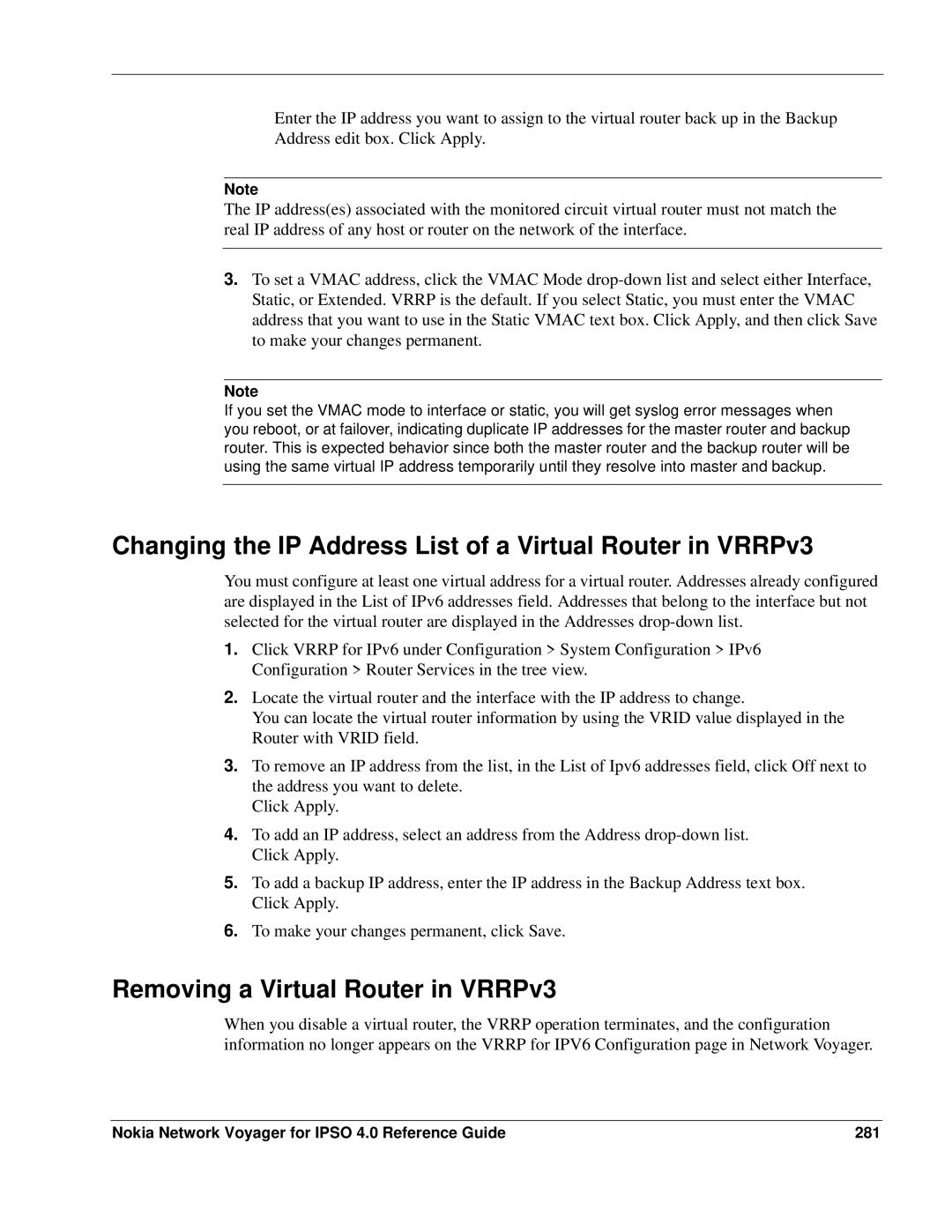 Nokia IPSO 4.0 manual Changing the IP Address List of a Virtual Router in VRRPv3, Removing a Virtual Router in VRRPv3 