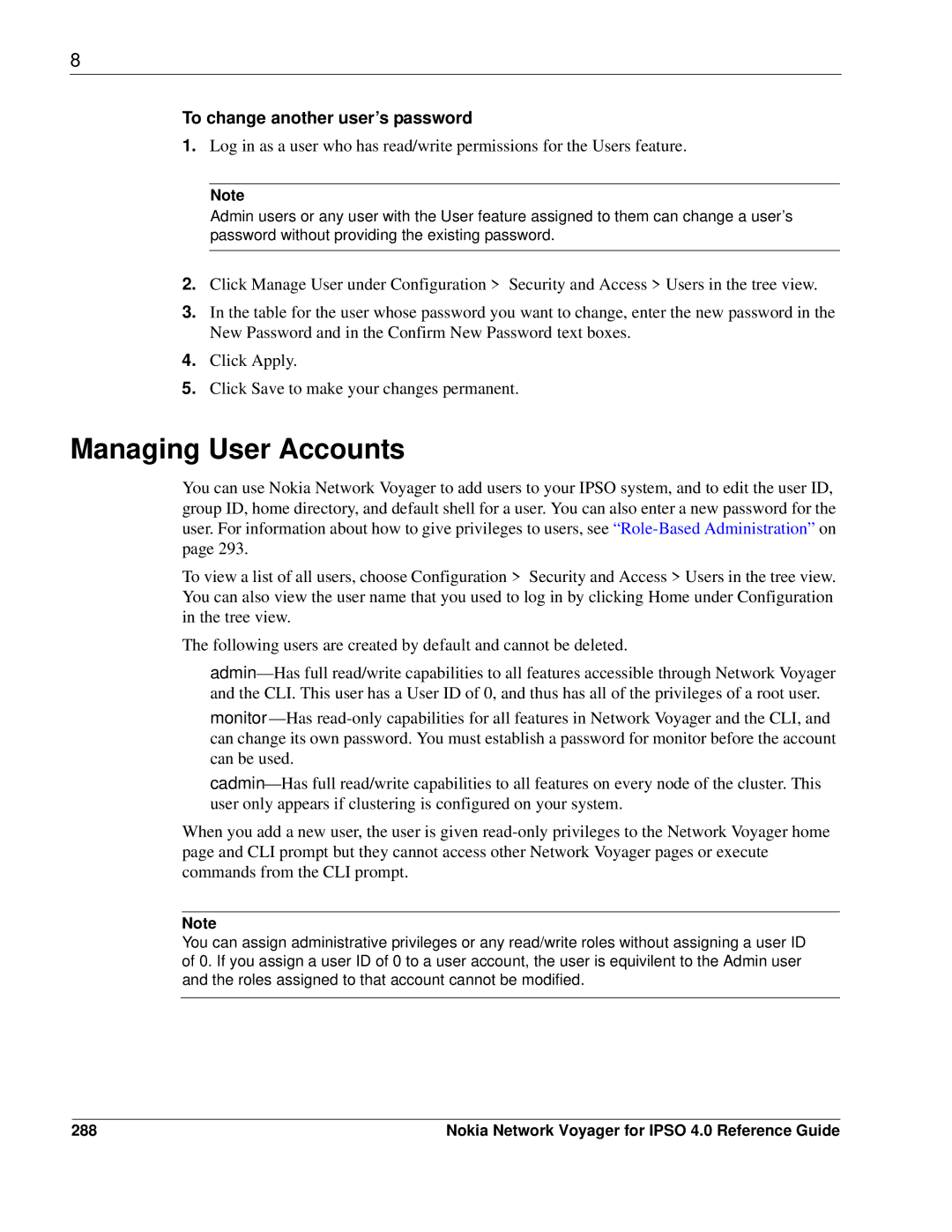 Nokia IPSO 4.0 manual Managing User Accounts, To change another user’s password, 288 