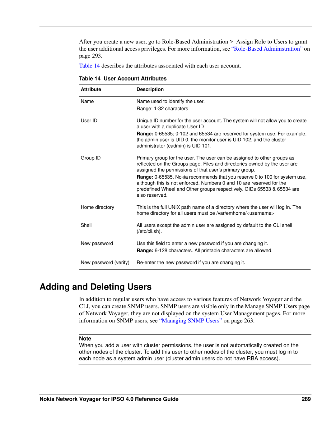 Nokia IPSO 4.0 Adding and Deleting Users, User Account Attributes, Nokia Network Voyager for Ipso 4.0 Reference Guide 289 