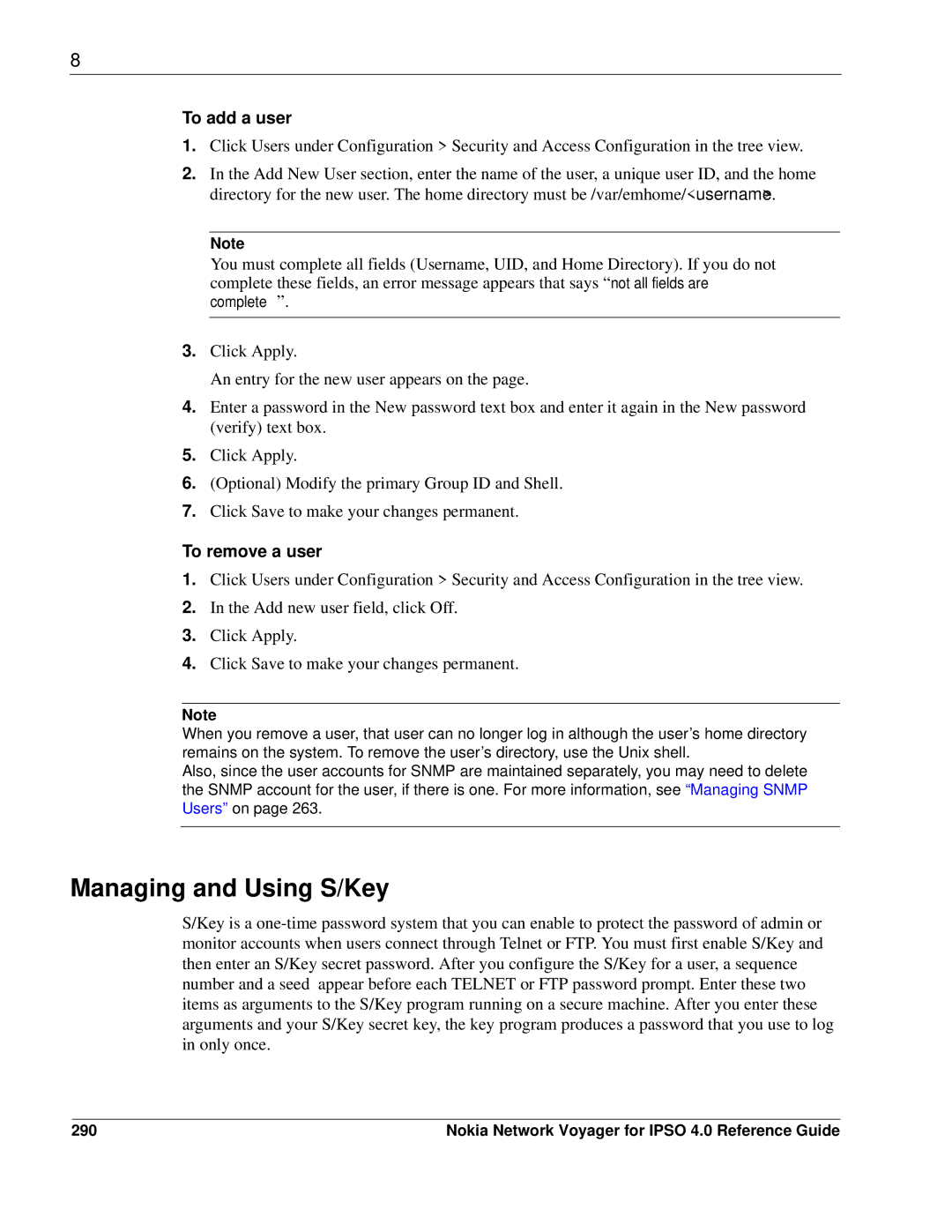 Nokia IPSO 4.0 manual Managing and Using S/Key, To add a user, To remove a user, 290 