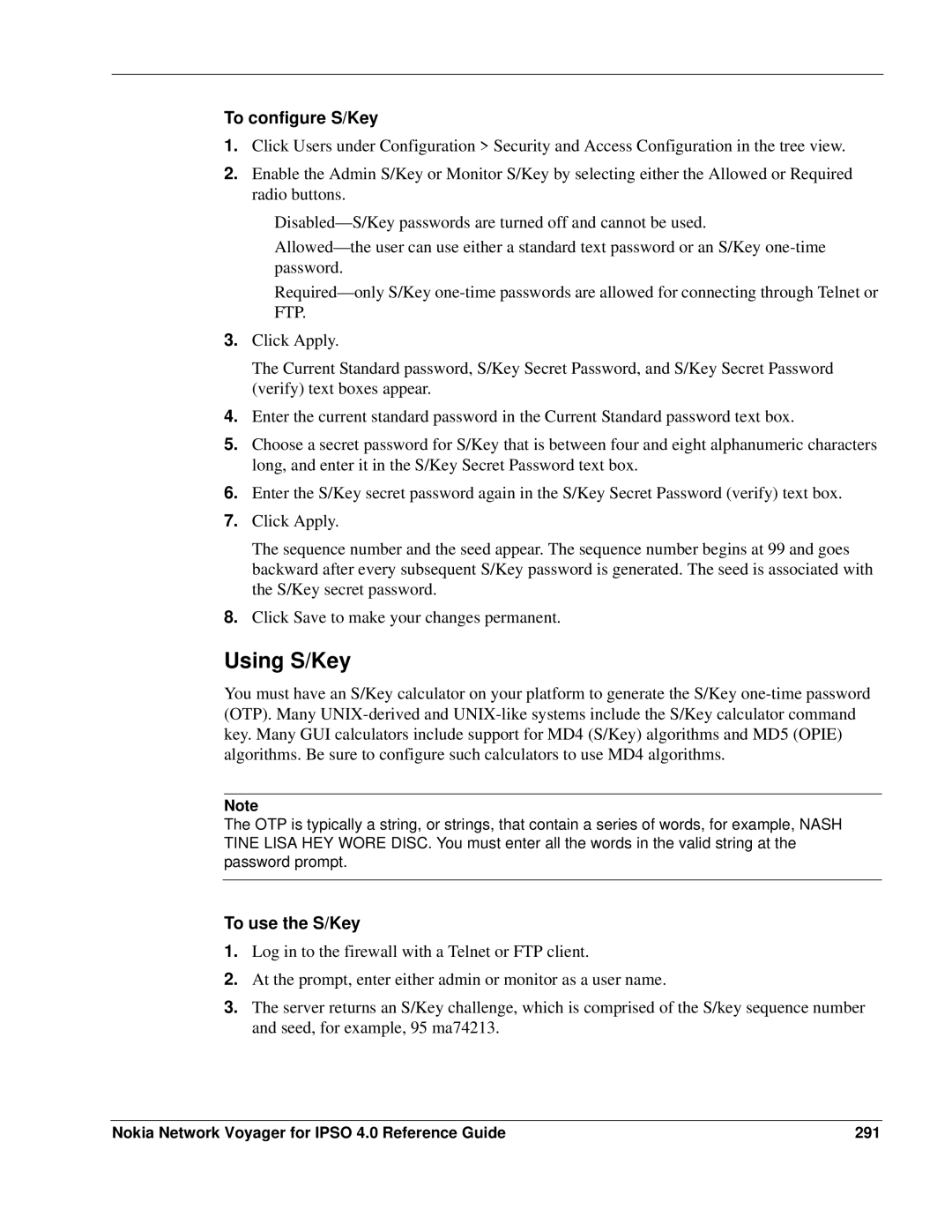 Nokia IPSO 4.0 Using S/Key, To configure S/Key, To use the S/Key, Nokia Network Voyager for Ipso 4.0 Reference Guide 291 