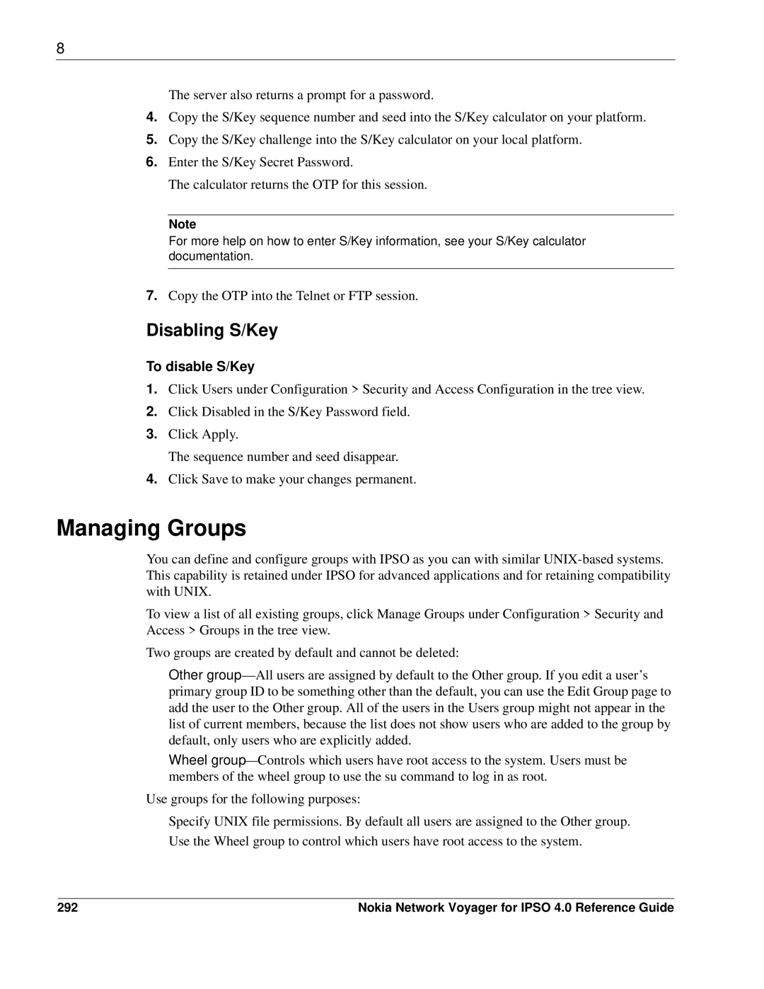 Nokia IPSO 4.0 manual Managing Groups, Disabling S/Key, To disable S/Key, 292 