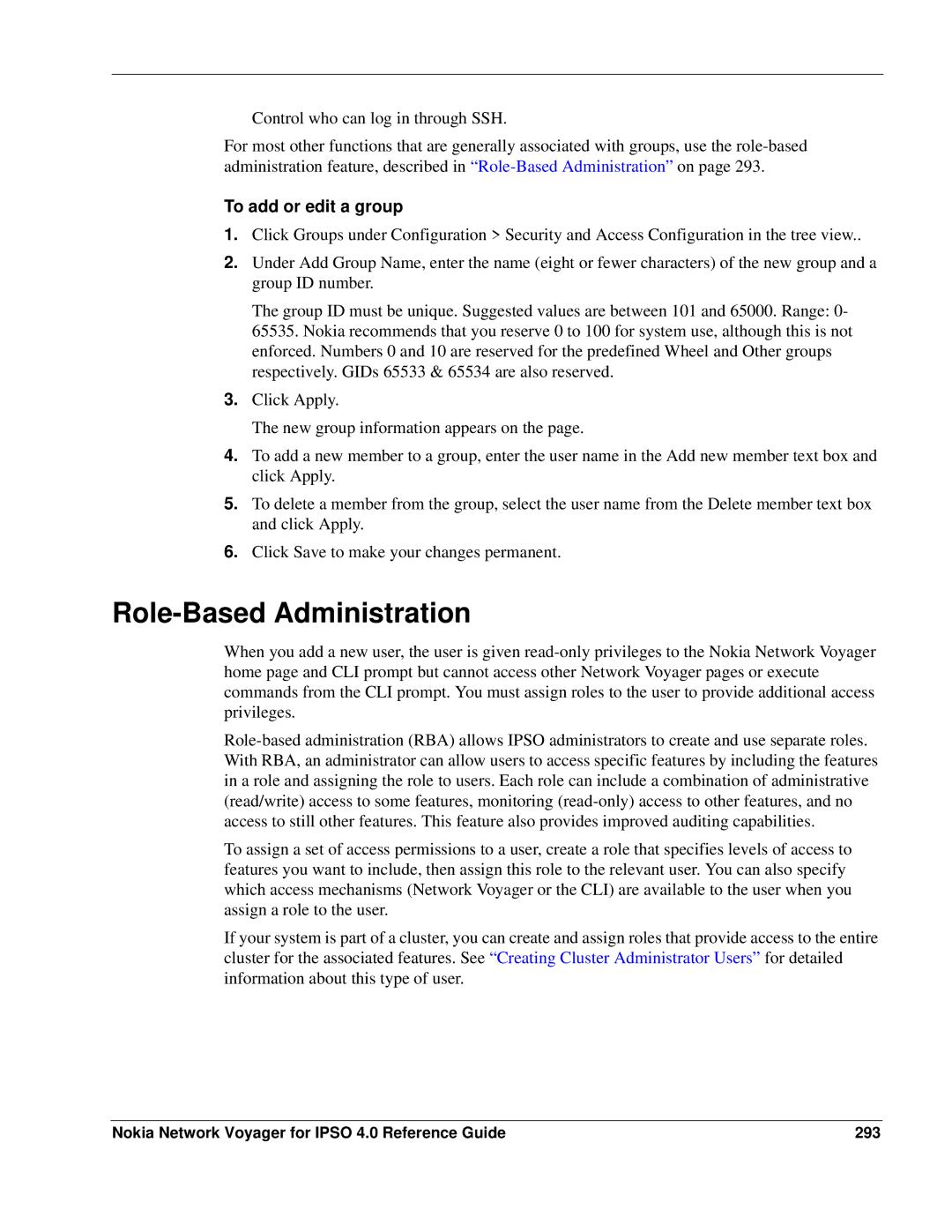 Nokia IPSO 4.0 Role-Based Administration, To add or edit a group, Nokia Network Voyager for Ipso 4.0 Reference Guide 293 