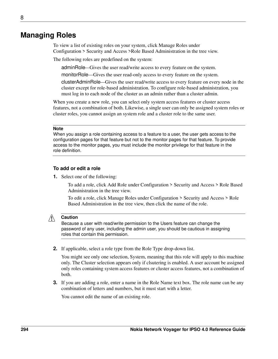 Nokia IPSO 4.0 manual Managing Roles, To add or edit a role, 294 