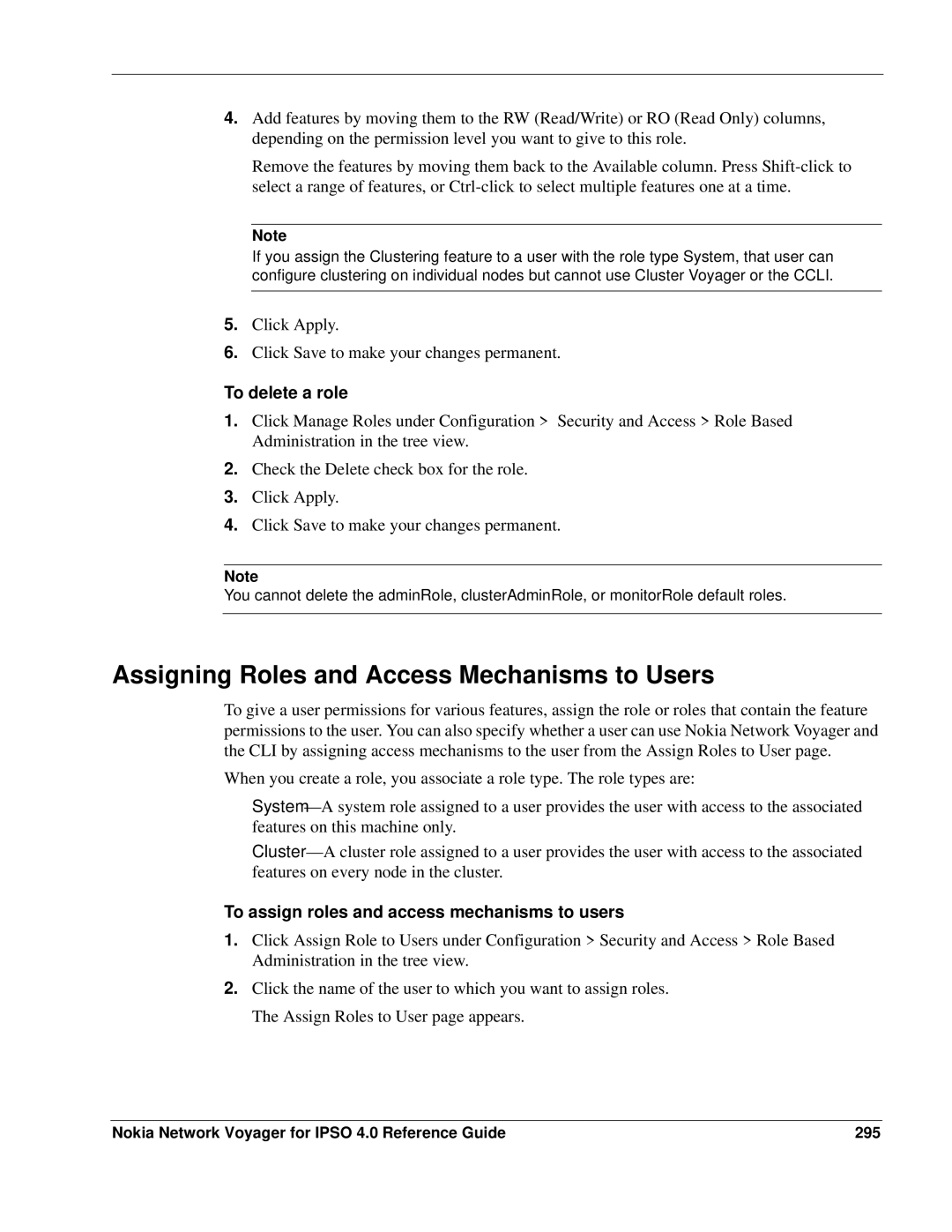 Nokia IPSO 4.0 manual Assigning Roles and Access Mechanisms to Users, To delete a role 