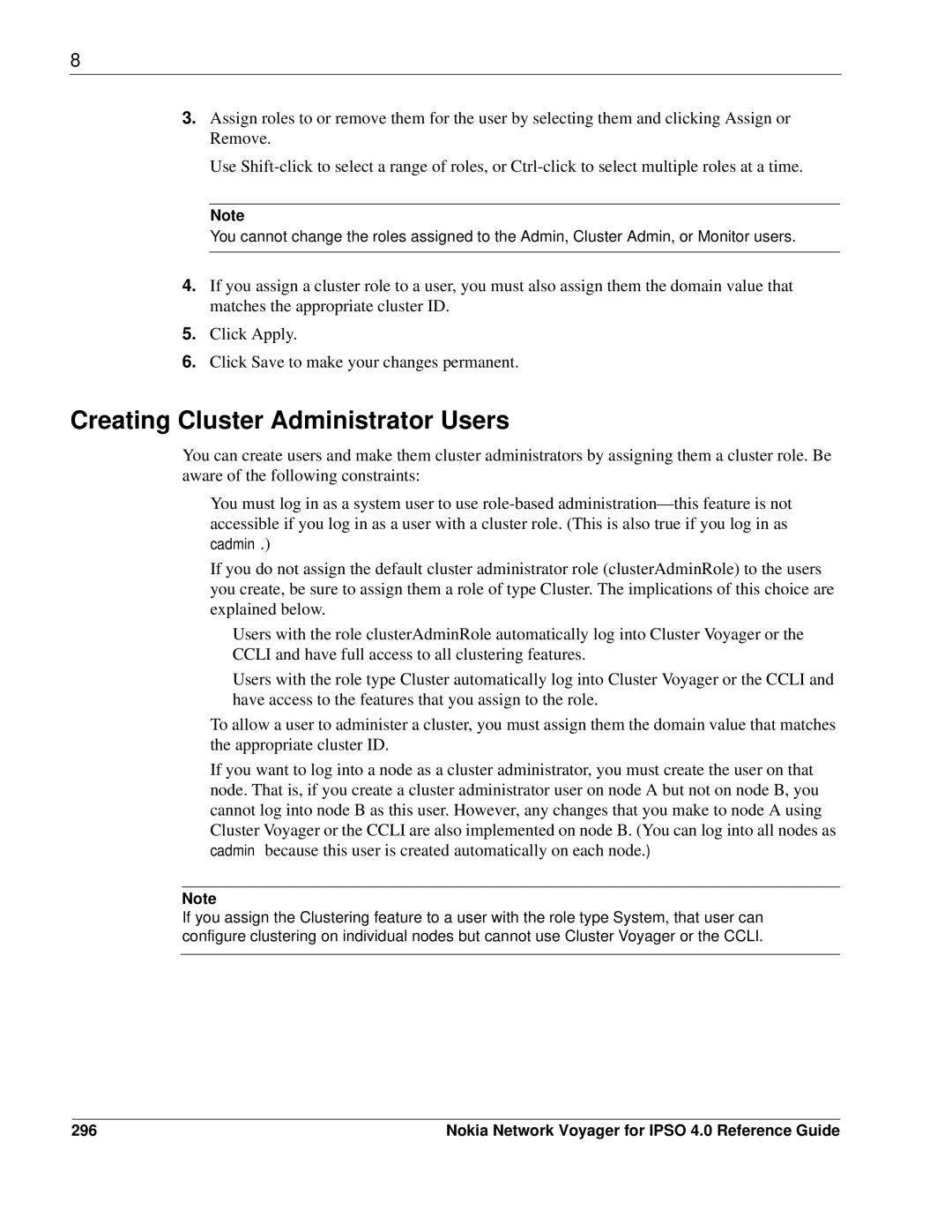 Nokia IPSO 4.0 manual Creating Cluster Administrator Users, 296 