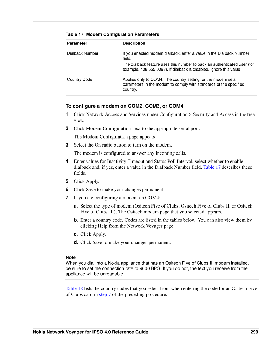 Nokia IPSO 4.0 manual To configure a modem on COM2, COM3, or COM4, Nokia Network Voyager for Ipso 4.0 Reference Guide 299 