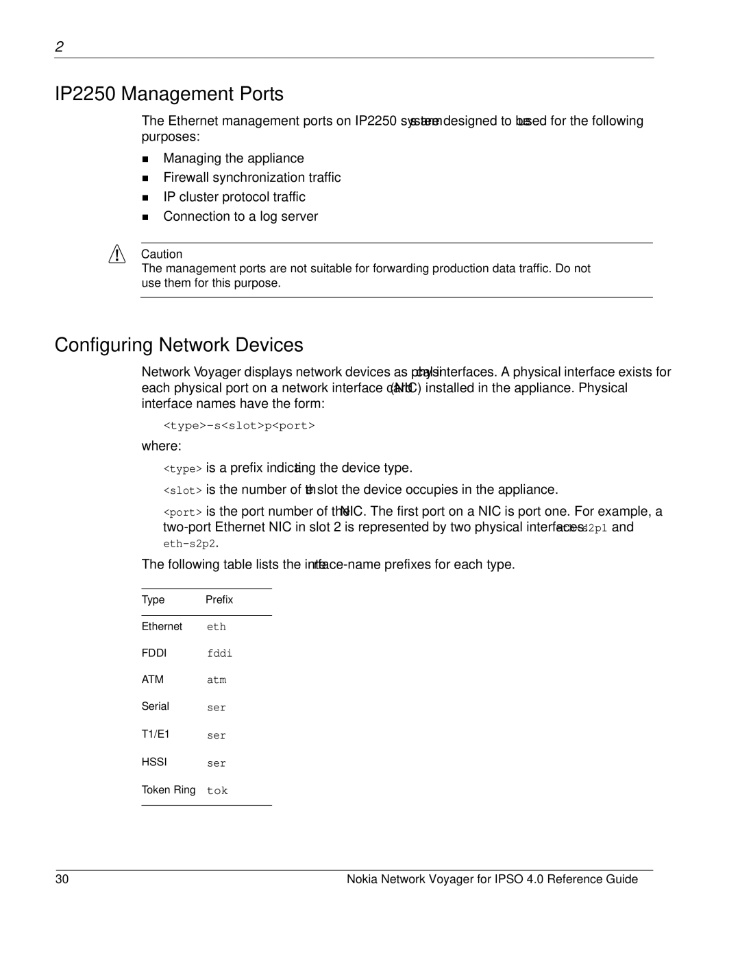 Nokia IPSO 4.0 manual IP2250 Management Ports, Configuring Network Devices, Type Prefix 