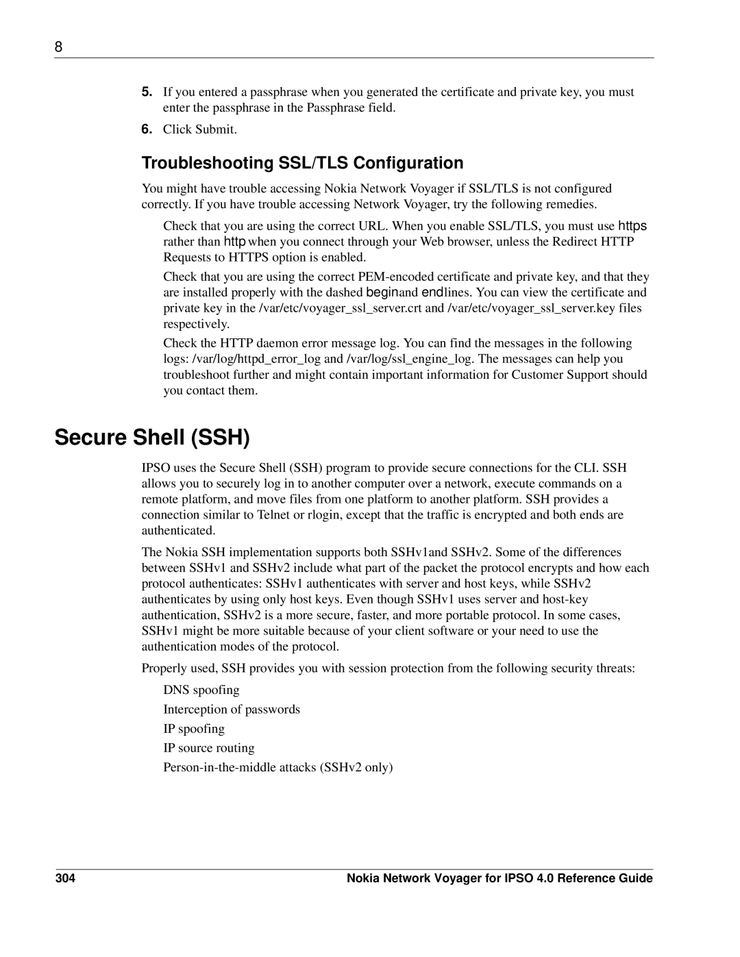 Nokia IPSO 4.0 manual Secure Shell SSH, Troubleshooting SSL/TLS Configuration, 304 