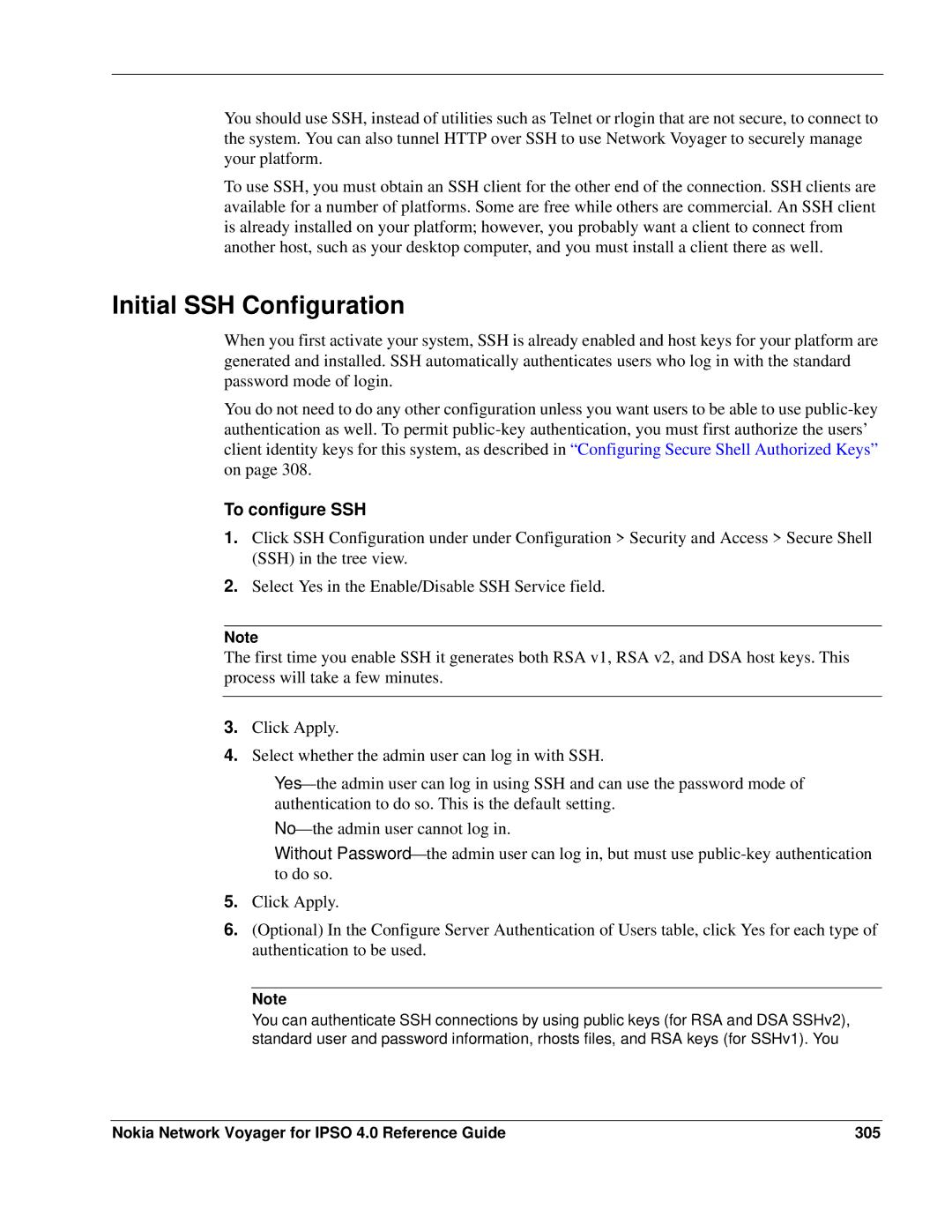 Nokia IPSO 4.0 manual Initial SSH Configuration, To configure SSH, Nokia Network Voyager for Ipso 4.0 Reference Guide 305 