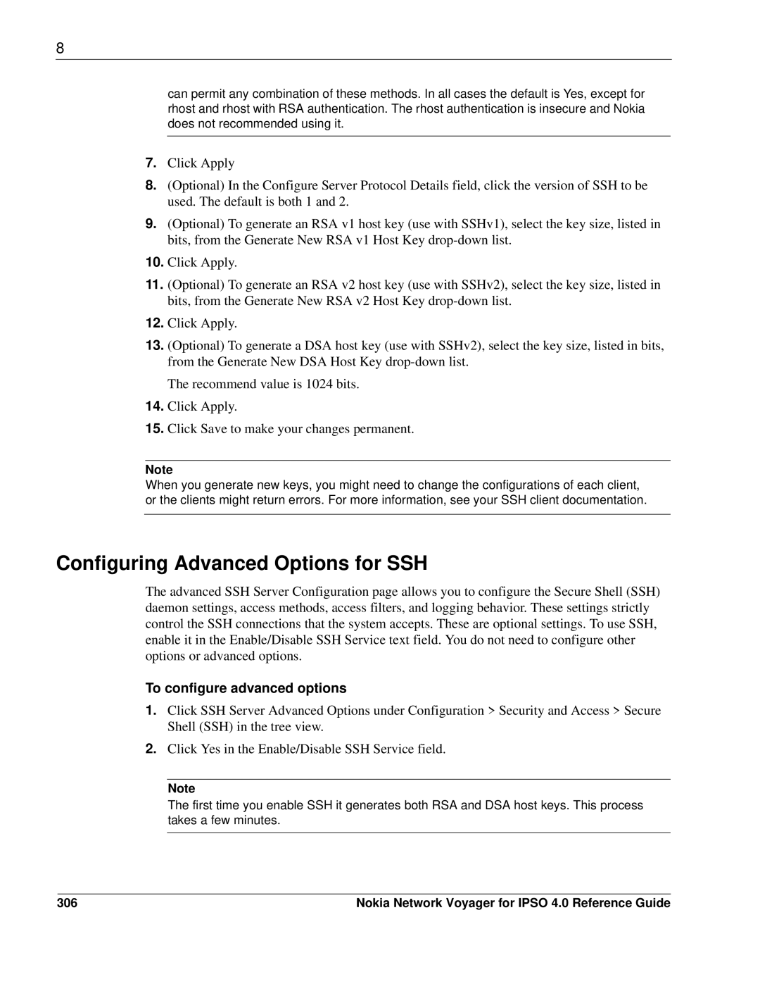 Nokia IPSO 4.0 manual Configuring Advanced Options for SSH, To configure advanced options, 306 