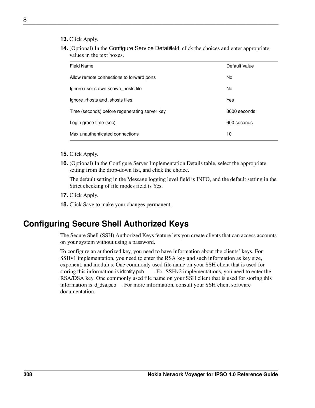 Nokia IPSO 4.0 manual Configuring Secure Shell Authorized Keys, 308 