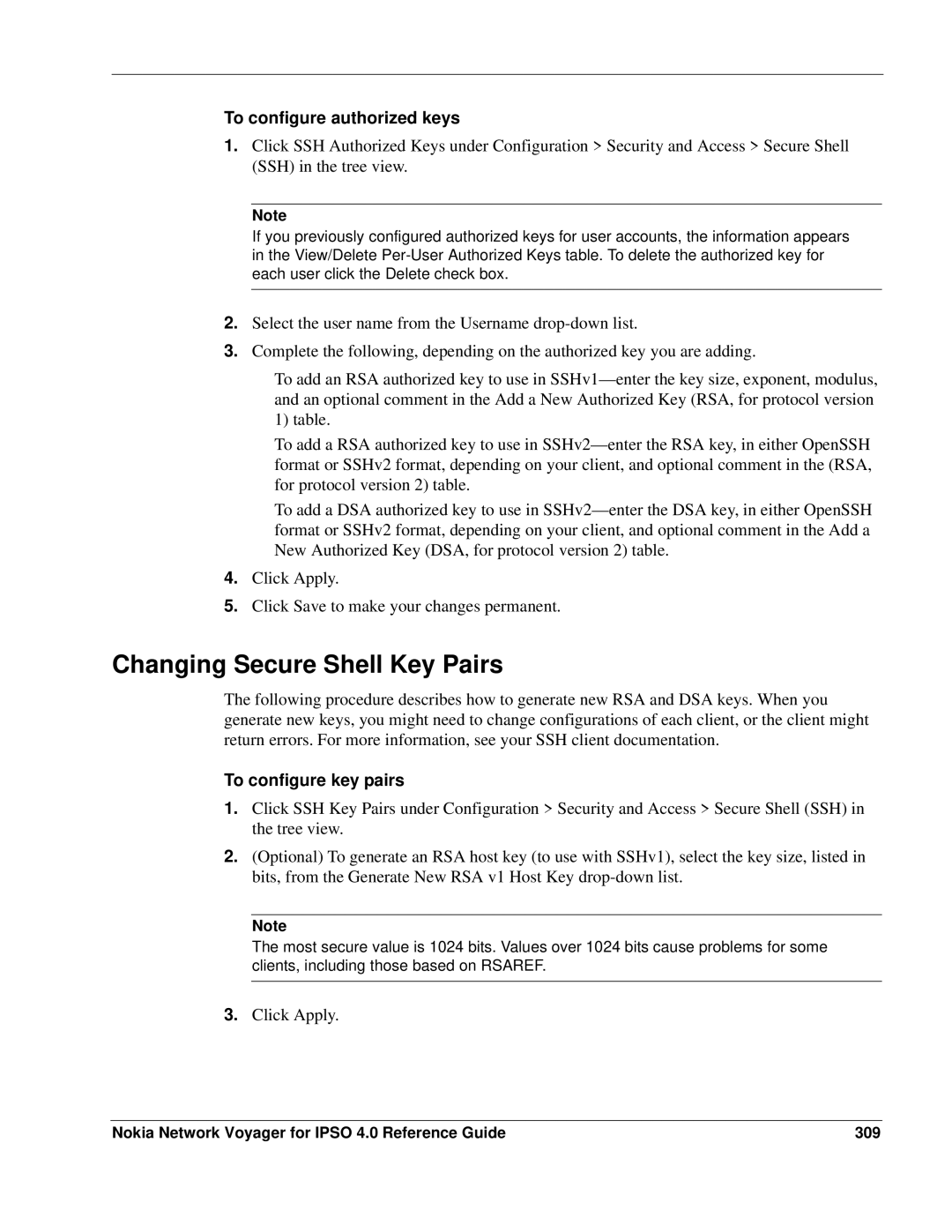 Nokia IPSO 4.0 manual Changing Secure Shell Key Pairs, To configure authorized keys, To configure key pairs 