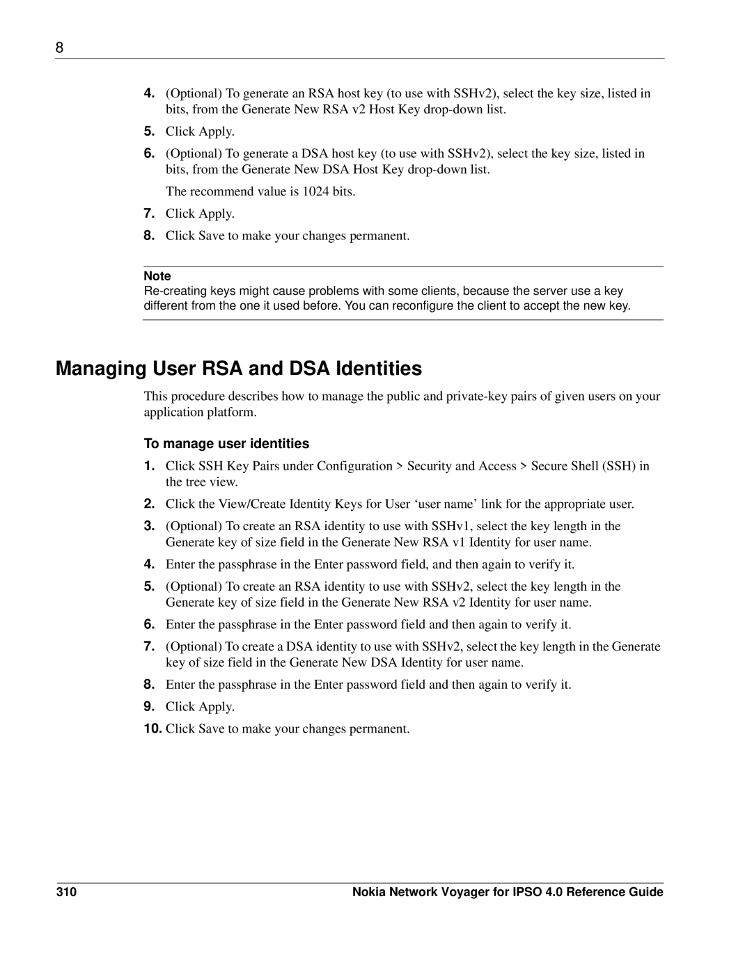 Nokia IPSO 4.0 manual Managing User RSA and DSA Identities, To manage user identities, 310 