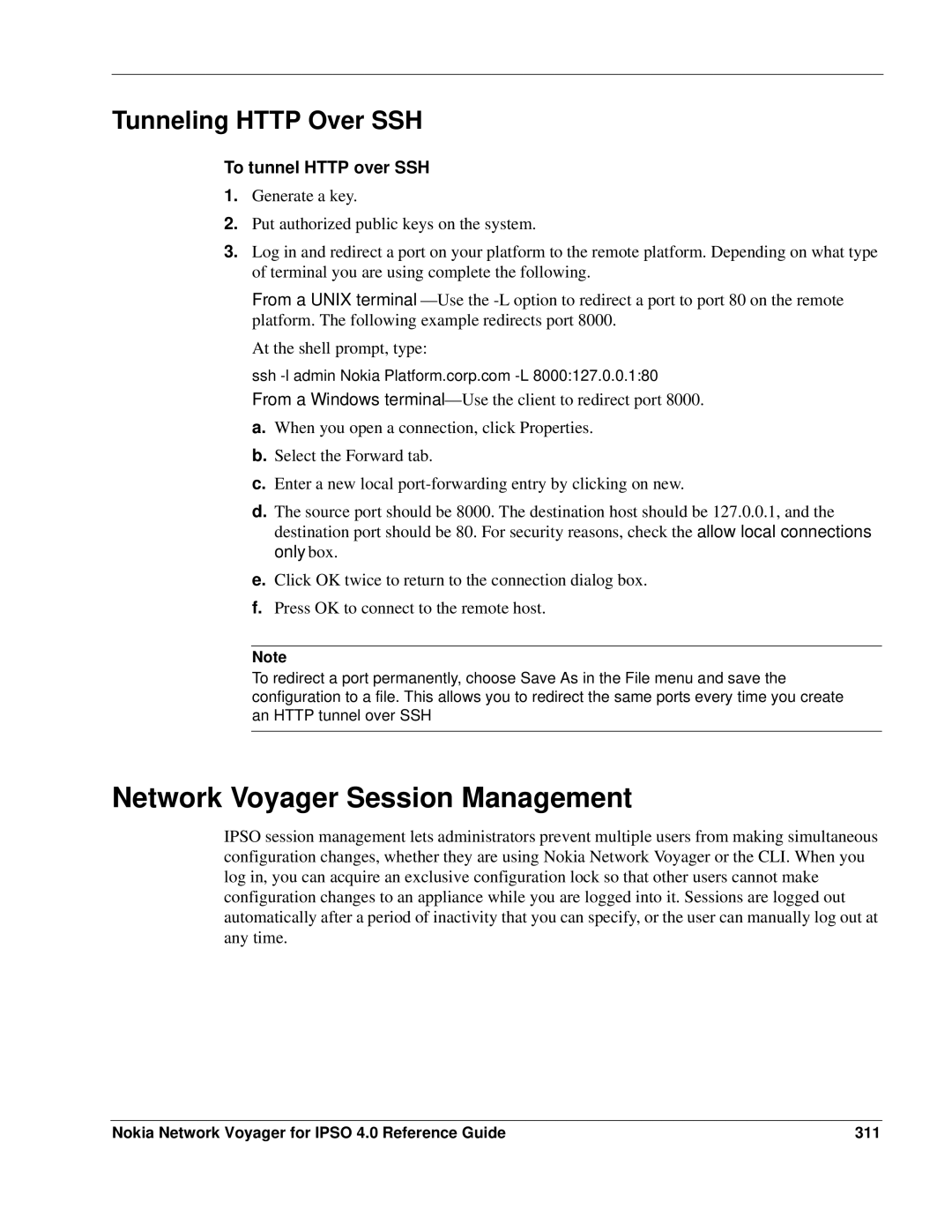 Nokia IPSO 4.0 manual Network Voyager Session Management, Tunneling Http Over SSH, To tunnel Http over SSH 