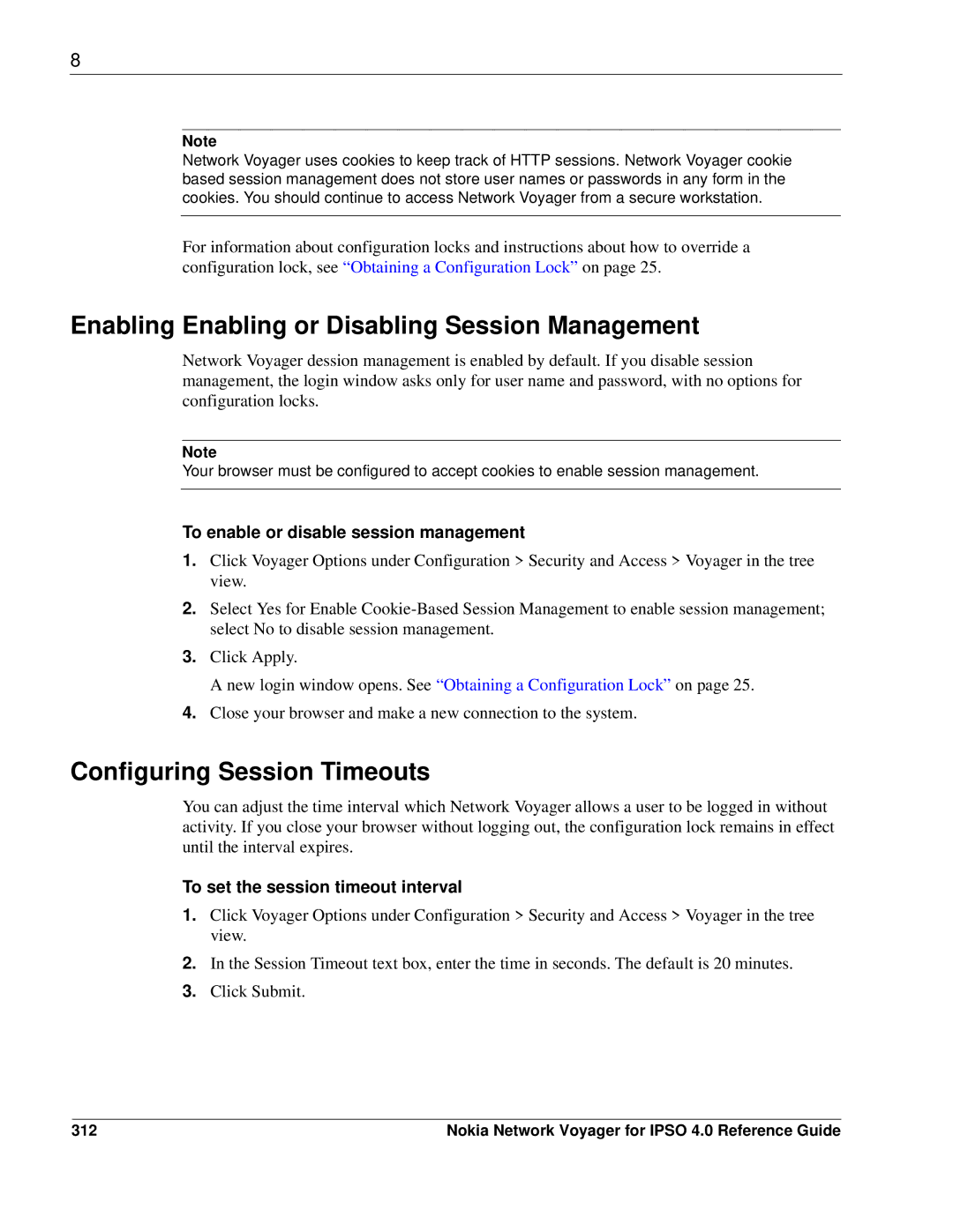 Nokia IPSO 4.0 manual Enabling Enabling or Disabling Session Management, Configuring Session Timeouts, 312 