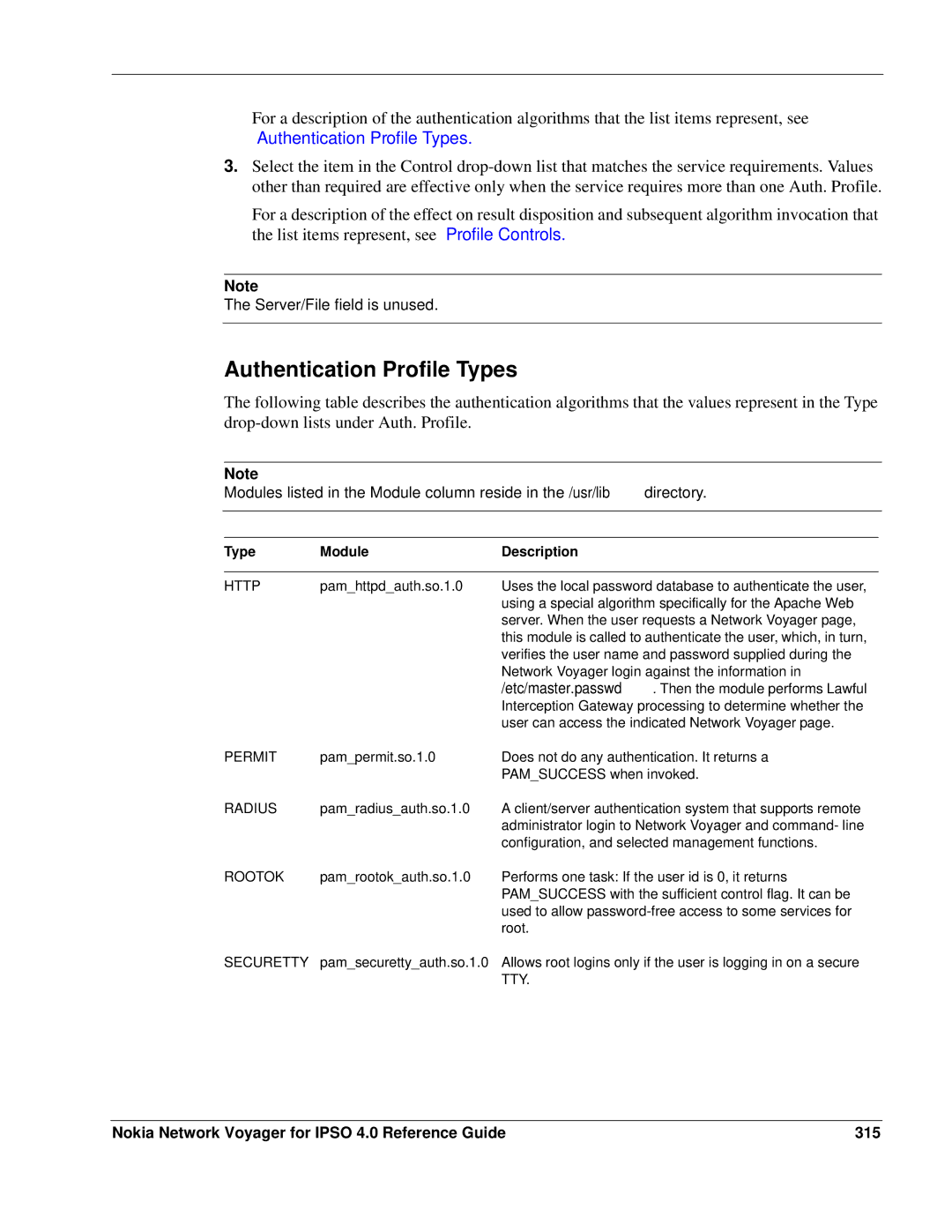 Nokia IPSO 4.0 manual Authentication Profile Types, Nokia Network Voyager for Ipso 4.0 Reference Guide 315 