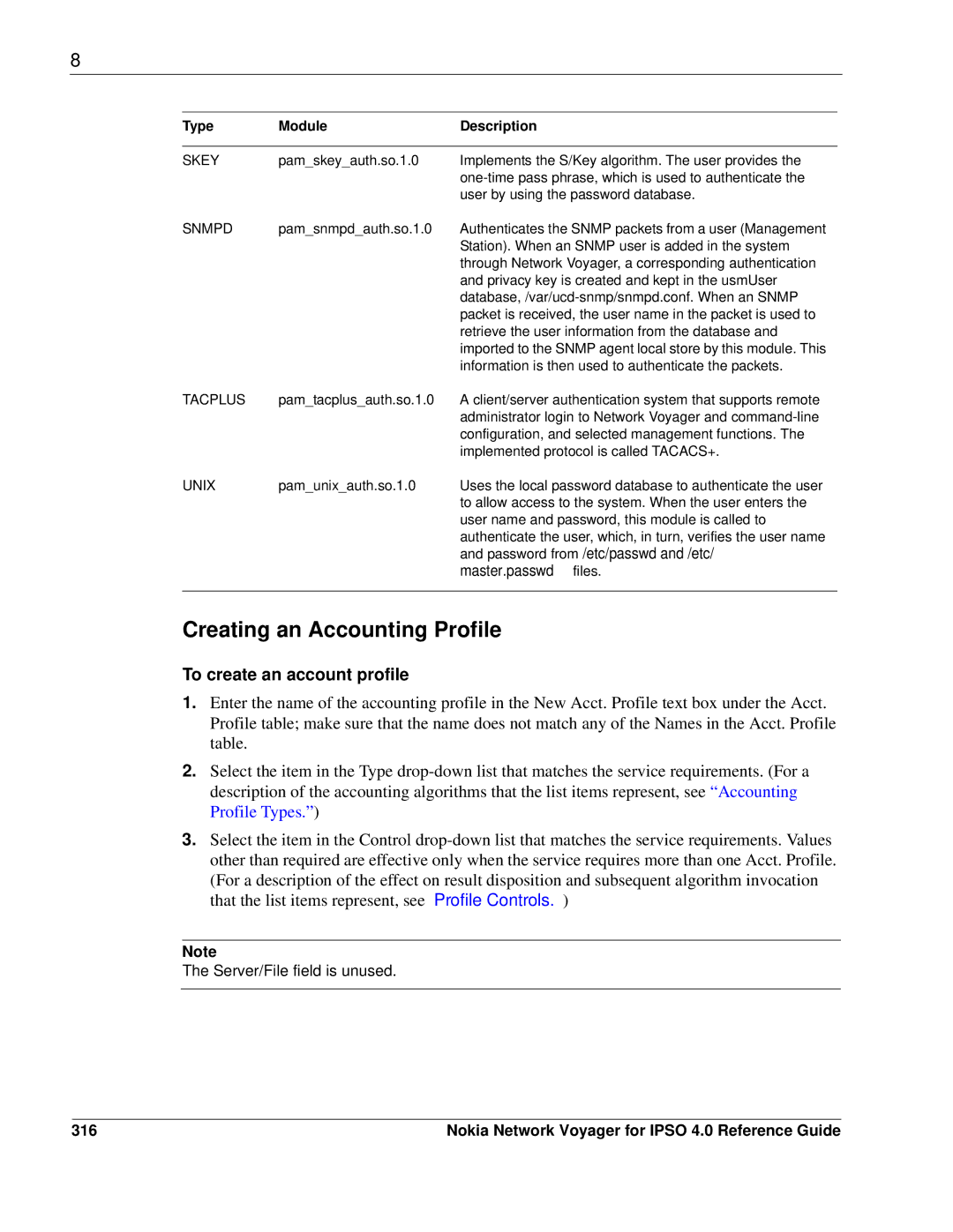 Nokia IPSO 4.0 manual Creating an Accounting Profile, To create an account profile, 316 