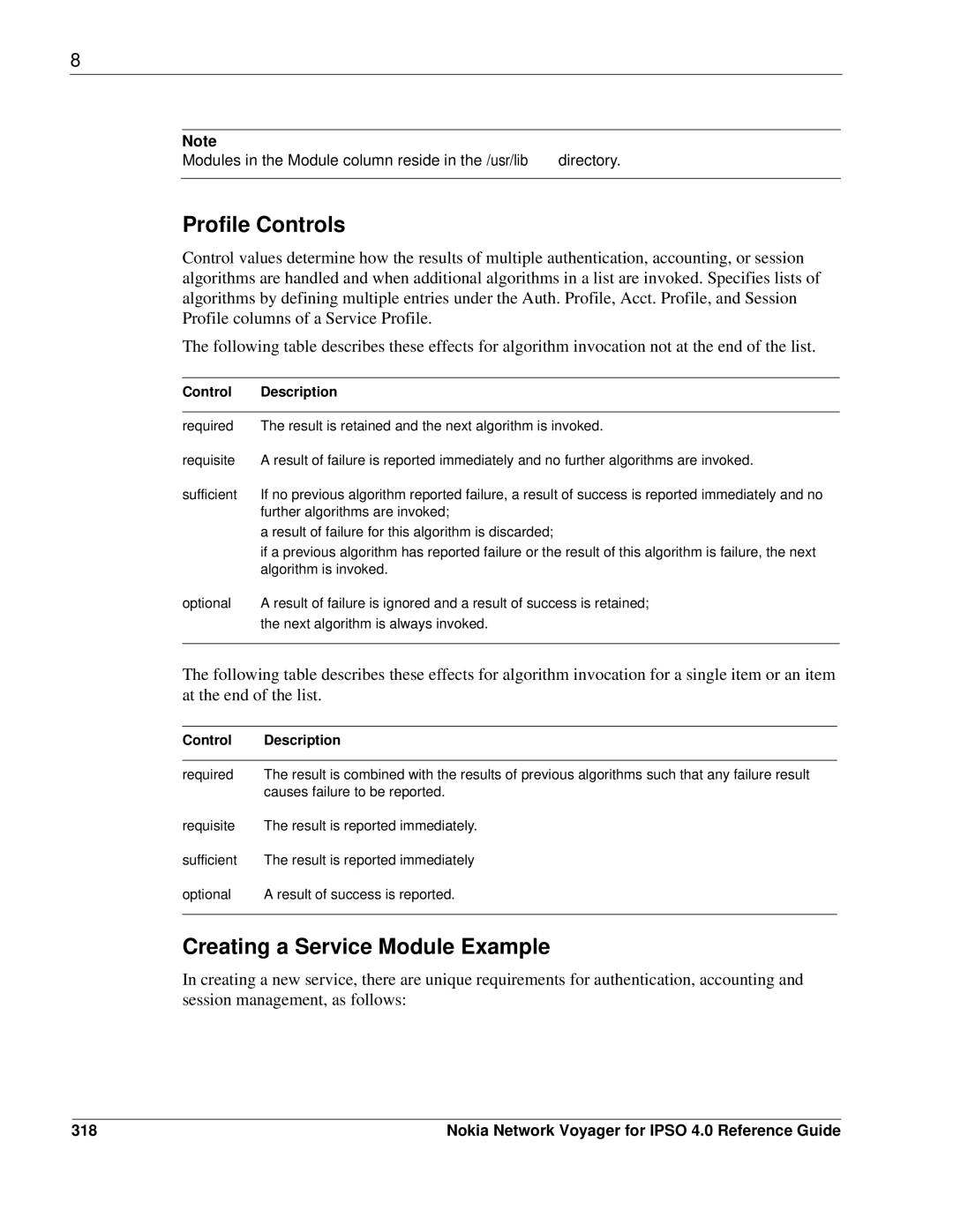 Nokia IPSO 4.0 manual Profile Controls, Creating a Service Module Example, 318, Control Description 