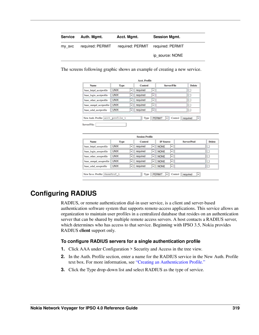 Nokia IPSO 4.0 manual Configuring Radius, Nokia Network Voyager for Ipso 4.0 Reference Guide 319 