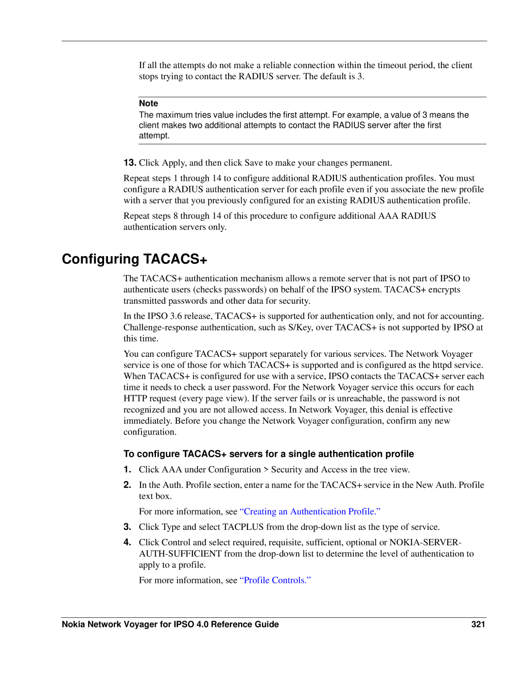 Nokia IPSO 4.0 manual Configuring TACACS+, Nokia Network Voyager for Ipso 4.0 Reference Guide 321 