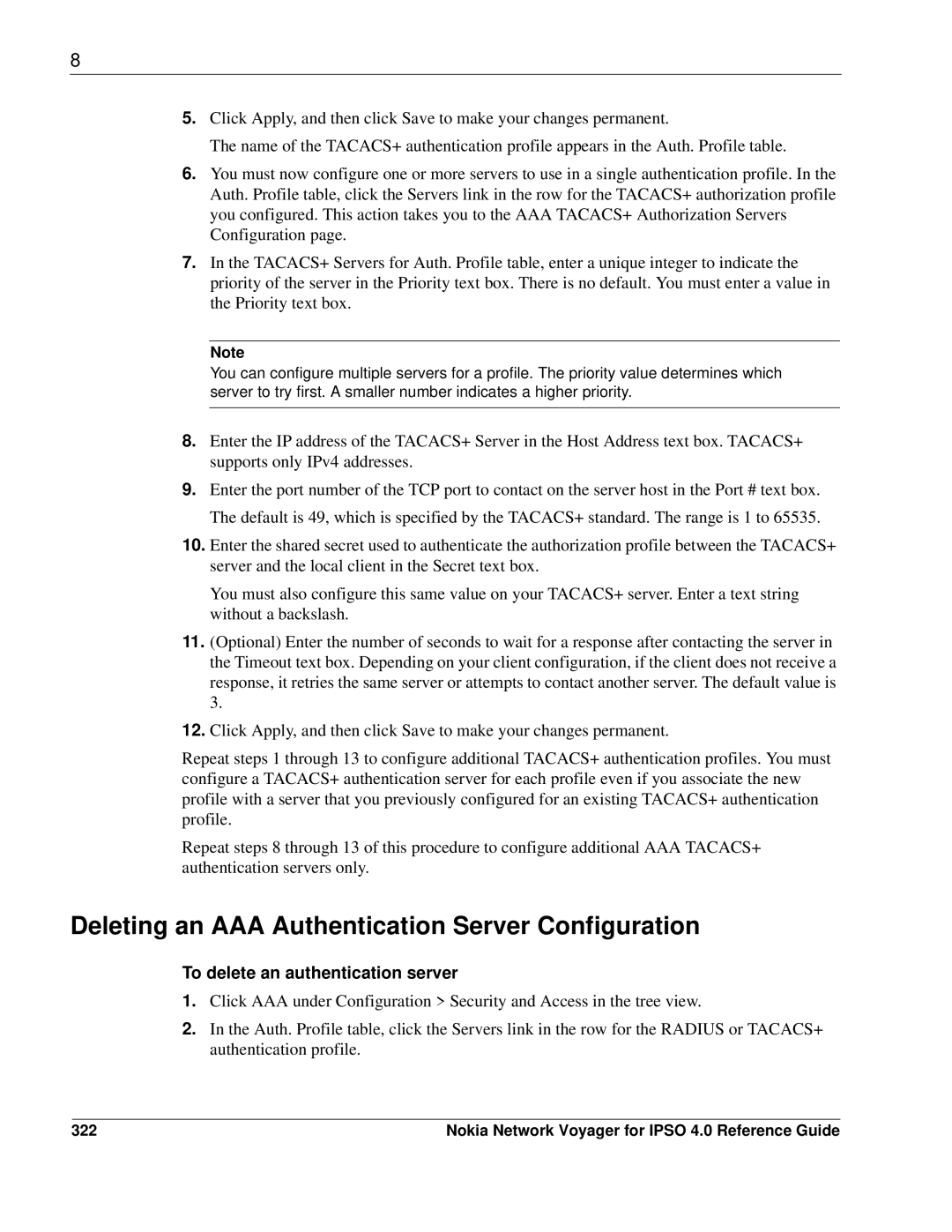 Nokia IPSO 4.0 manual Deleting an AAA Authentication Server Configuration, To delete an authentication server, 322 