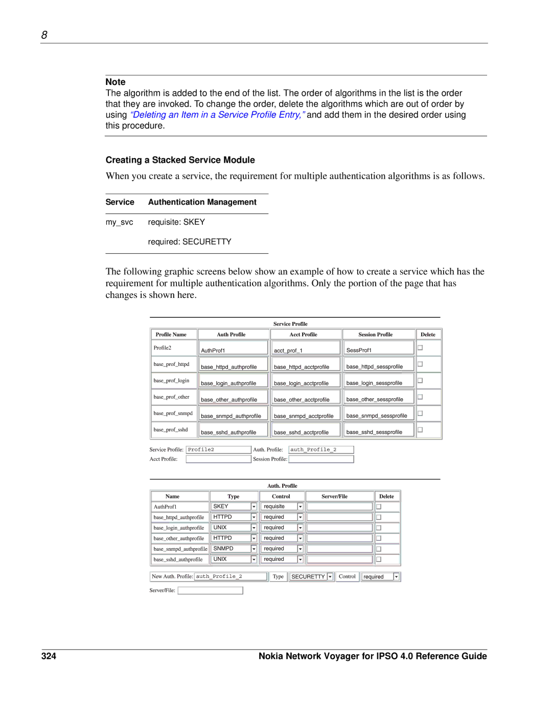 Nokia IPSO 4.0 manual Creating a Stacked Service Module, 324, Service Authentication Management 