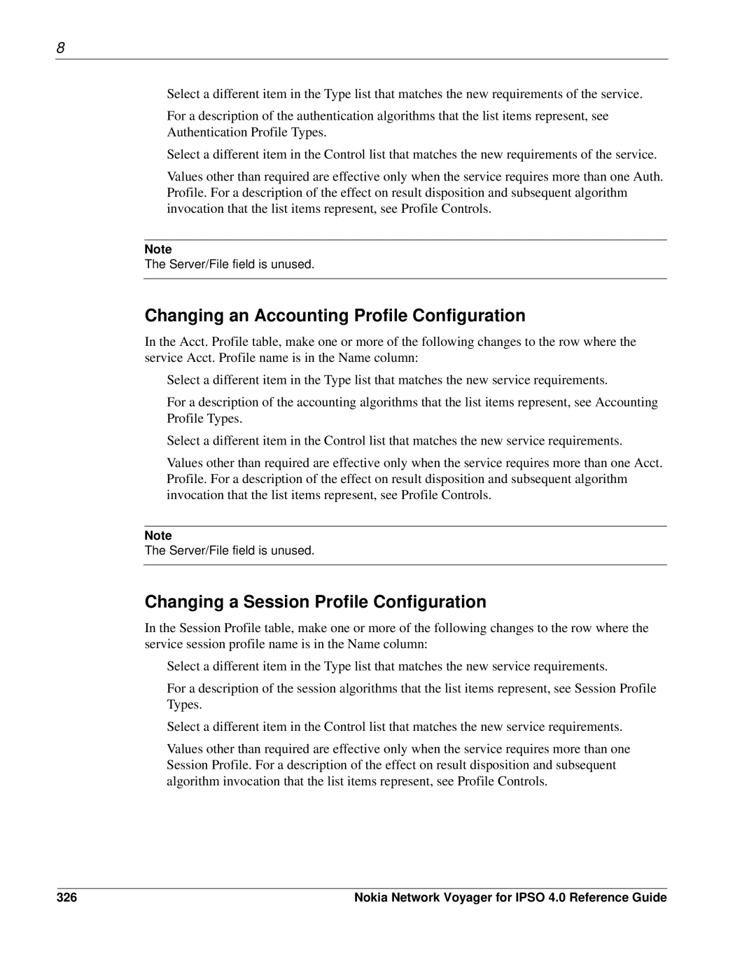 Nokia IPSO 4.0 manual Changing an Accounting Profile Configuration, Changing a Session Profile Configuration, 326 