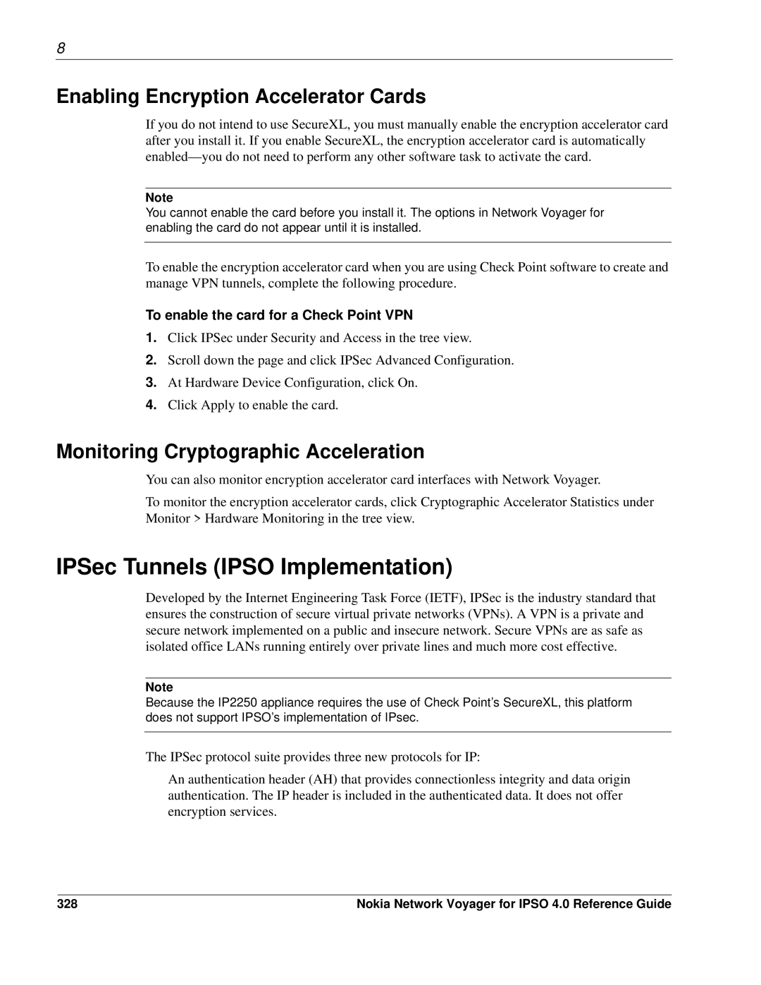 Nokia IPSO 4.0 manual IPSec Tunnels Ipso Implementation, Enabling Encryption Accelerator Cards, 328 