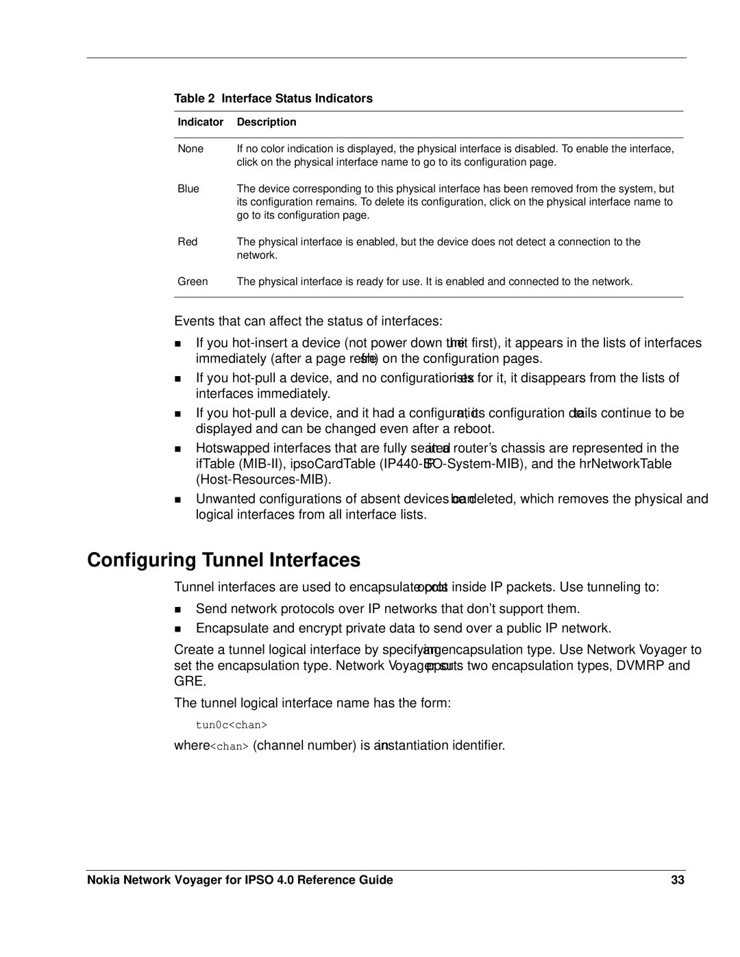 Nokia IPSO 4.0 manual Configuring Tunnel Interfaces, Interface Status Indicators, Indicator Description 