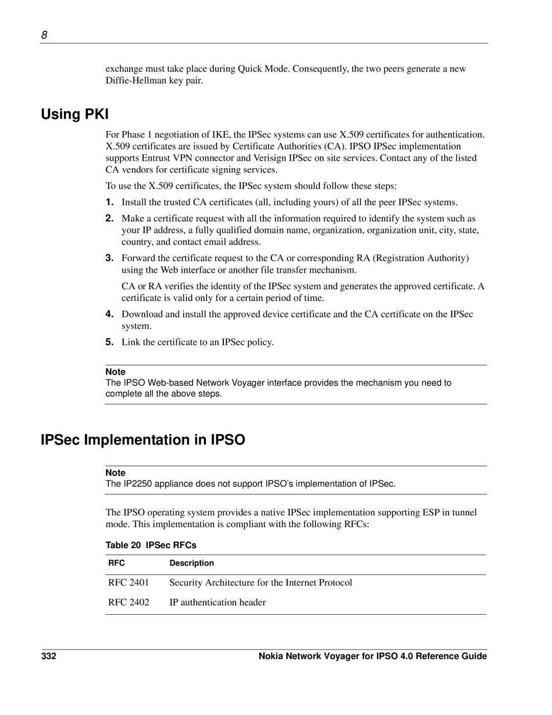 Nokia IPSO 4.0 manual Using PKI, IPSec Implementation in Ipso, IPSec RFCs, 332, RFC Description 