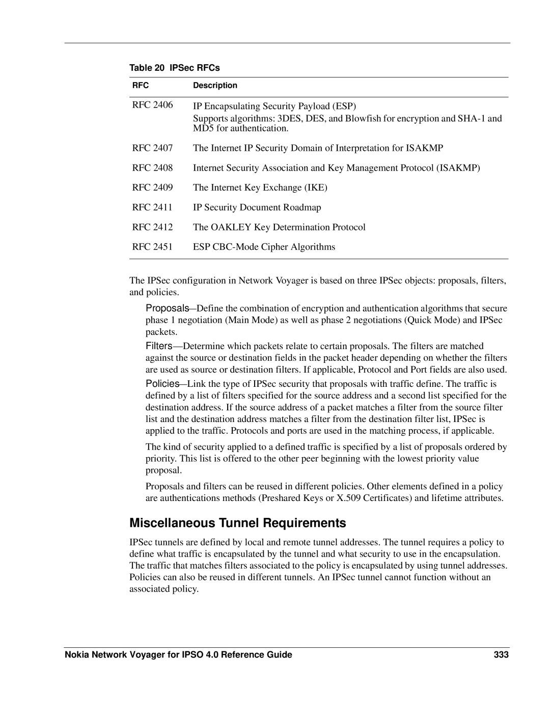 Nokia IPSO 4.0 manual Miscellaneous Tunnel Requirements, Nokia Network Voyager for Ipso 4.0 Reference Guide 333 