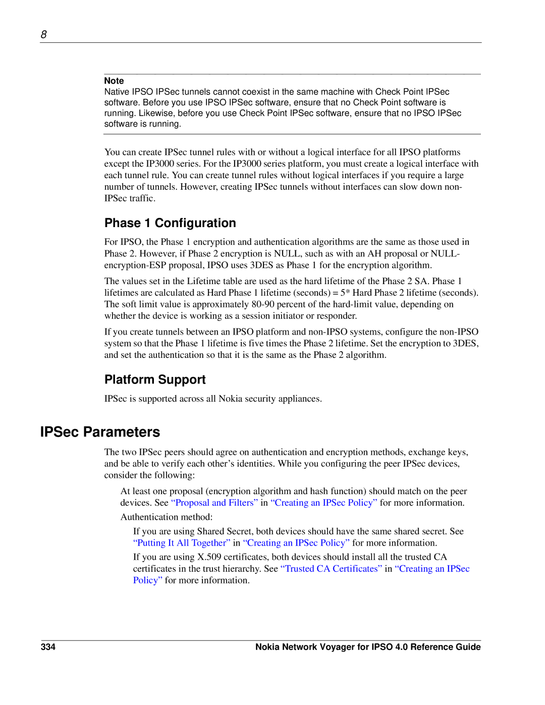 Nokia IPSO 4.0 manual IPSec Parameters, Phase 1 Configuration, Platform Support, 334 